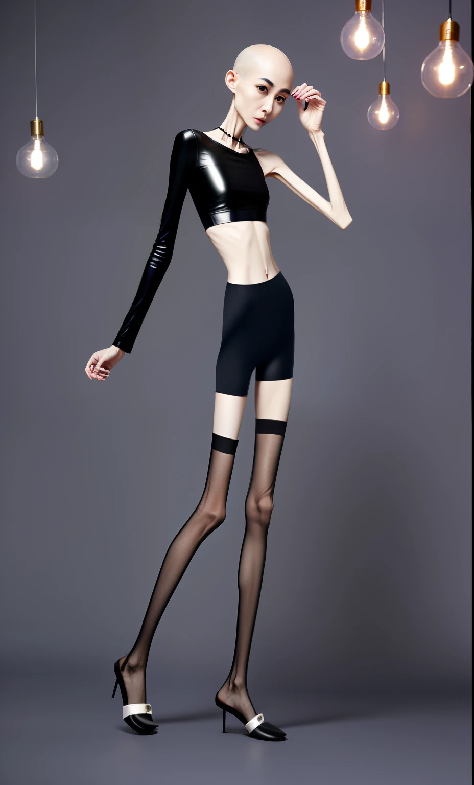 very thin woman,A thin body,Protruding sternum,The waist is very thin,The ribs are noticeable,Protruding ribs,The pelvic protrusion is very obvious,Pelvic width,Legs are just skin and bones,Fair skin,thin shoulde,The waist is very thin,Sunken abdomen,Delicate arms,arm muscle atrophy,hunger,sunken lower abdomen,Bald,Wear tight leather pants,Wearing black stockings,Wear slippers,Asia face,The waist is particularly thin,angry look,Excessive weight loss,The face is sunken and thin,Severe malnutrition,hunger,Weak,anorexia