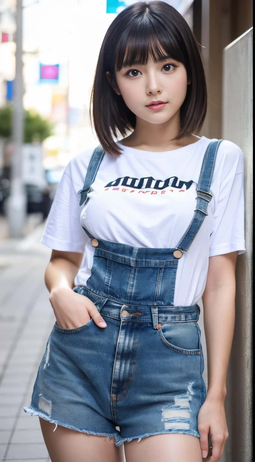 Best-quality, Masterpiece, Ultra-High-Resolution, (Photorealistic:1.4), Raw-Photo, Extremely-Details, Perfect-Anatomy, 1girl, 18-years-old, the most famous Japanese idol, cowboy-shot, upturned hip, looking at viewer, wearing detailed hot pants and white t-shirt with cute design, detailed extremely cute face like a most popular Japanese actress, detailed extremely beautiful big black solid circle eyes, detailed extremely beautiful black short-cut-haired, detailed extremely beautiful realistic skins, detailed extremely beautiful hip, detailed extremely beautiful body, detailed extremely beautiful thighs, detailed denim hot pants, detailed white t-shirt with cute design