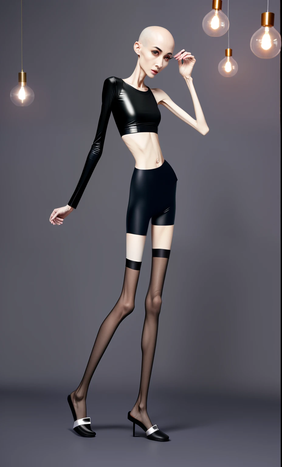 very thin woman,A thin body,Protruding sternum,The waist is very thin,The ribs are noticeable,Protruding ribs,The pelvic protrusion is very obvious,Pelvic width,Legs are just skin and bones,Fair skin,thin shoulde,The waist is very thin,Sunken abdomen,Delicate arms,arm muscle atrophy,hunger,sunken lower abdomen,Bald,Wear tight leather pants,Wearing black stockings,Wear slippers,Asia face,The waist is particularly thin,angry look,Excessive weight loss,The face is sunken and thin,Severe malnutrition,hunger,Weak,anorexia