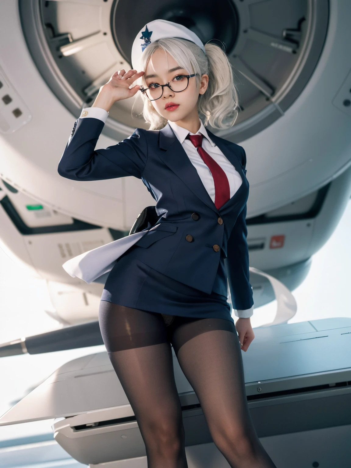 ulzzang-6500-v1.1, (raw photo:1.2), (photorealistic:1.4), beautiful detailed girl, very detailed eyes and face, beautiful detailed eyes, ridiculous, incredibly ridiculous, huge file size, super detailed, high resolution, very detailed, best quality, masterpiece, kemomimi, ((flight attendant outfit)), illustration, very detailed, CG, unified, 8k wallpaper, amazing, fine details , masterpiece, best quality, very detailed CG uniform 8k wallpaper, light on face, movie lighting, 1girl, , white hair, side split, (no hat), ()), (with glasses), ((dynamic pose))), (camel toe), (half), (pantyhose), (pantyhose and legs))