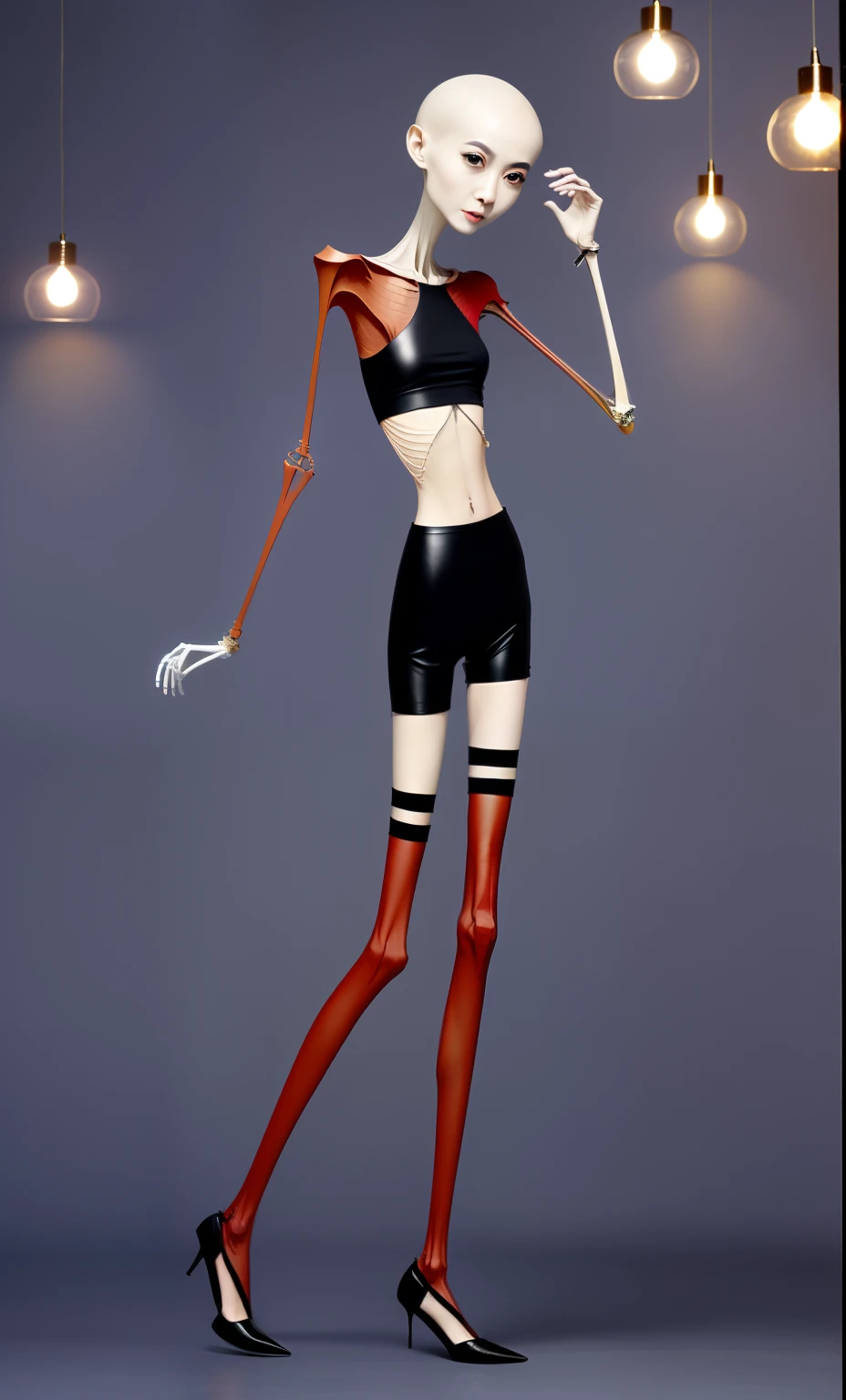 very thin woman,A thin body,Protruding sternum,The waist is very thin,The ribs are noticeable,Protruding ribs,The pelvic protrusion is very obvious,Pelvic width,Legs are just skin and bones,Fair skin,thin shoulde,The waist is very thin,Sunken abdomen,Delicate arms,arm muscle atrophy,hunger,sunken lower abdomen,Short hair details,Wear tight leather pants,Wearing black stockings,Wear slippers,Asia face,The waist is particularly thin,angry look,weeping,Excessive weight loss,The face is sunken and thin,Severe malnutrition