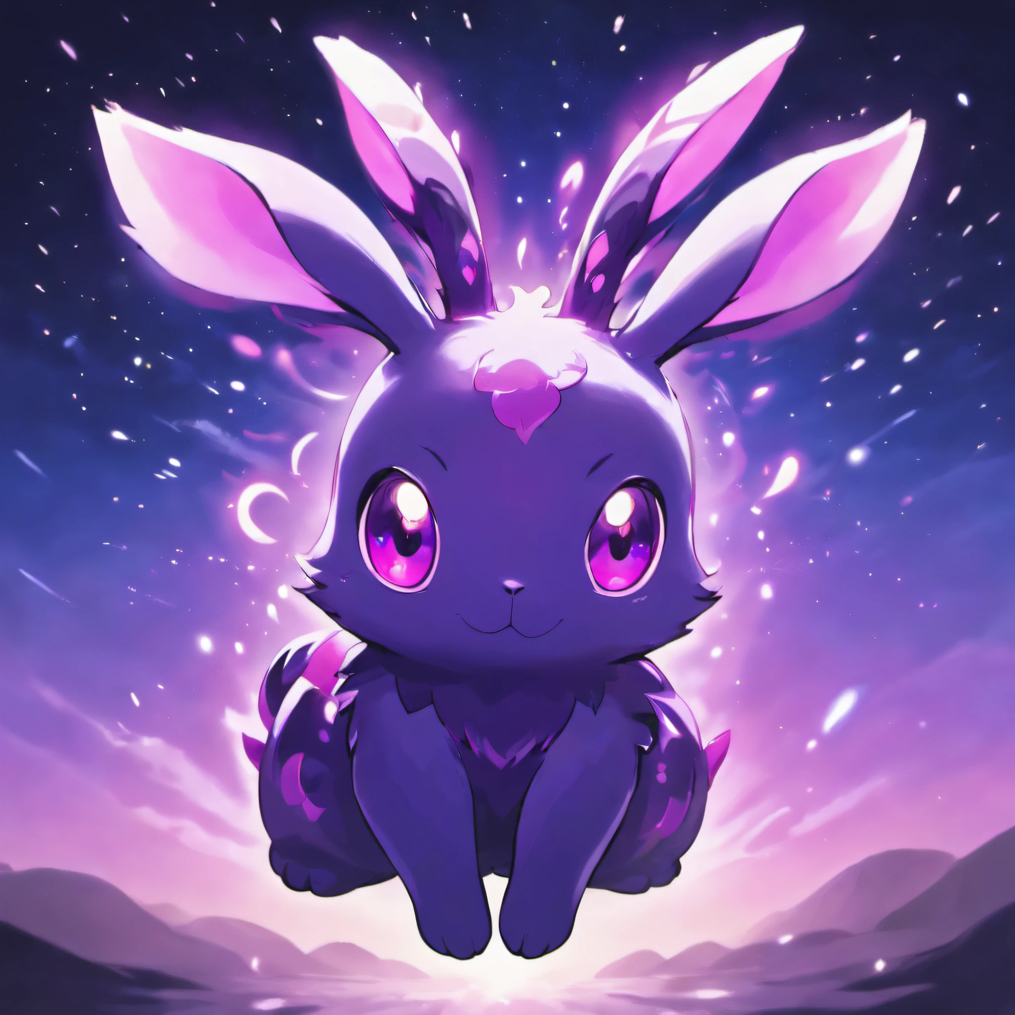 Rabbit with black and purple fur and magenta antlers, glowing eyes, night sky full of Eldritch horror and tentacles, best quality, masterpiece