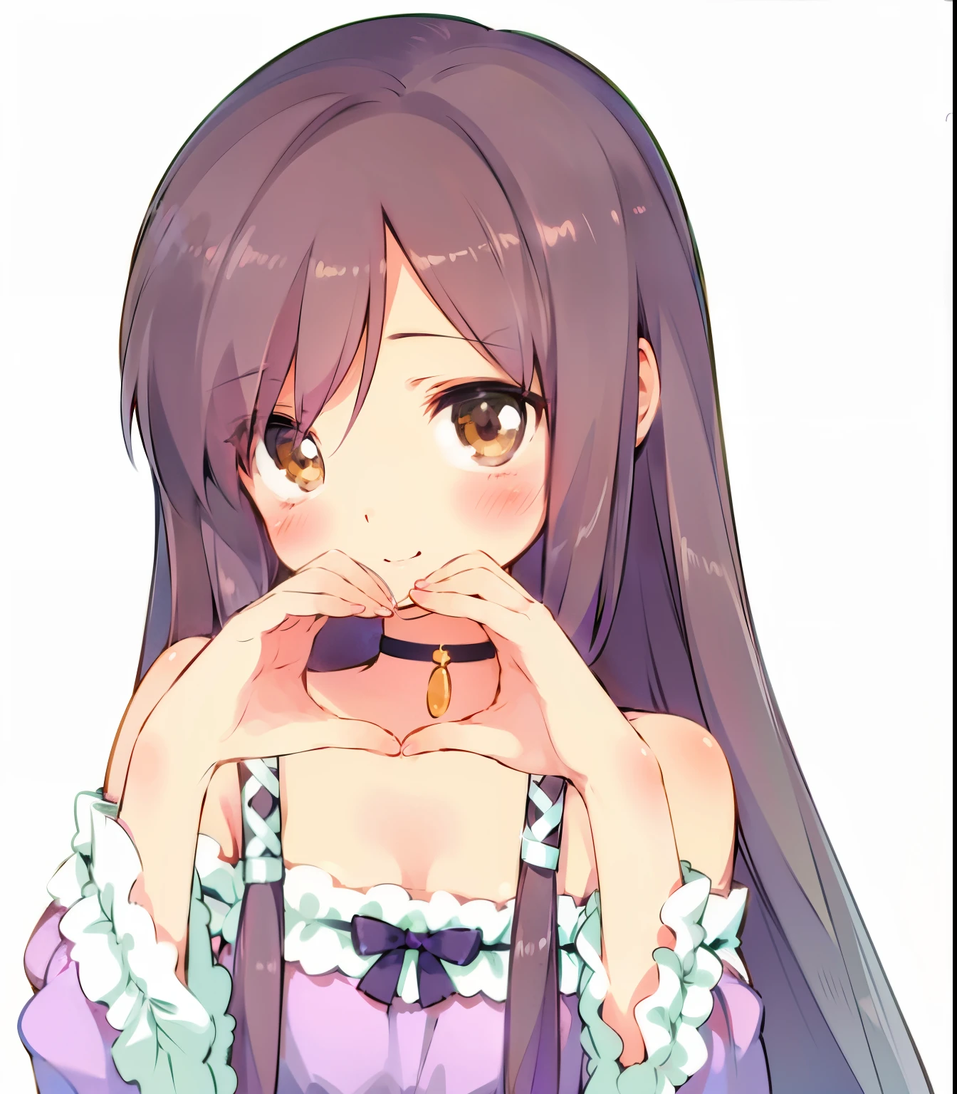 anime girl with long hair and purple dress holding her hands to her face, anime moe artstyle, loli, small curvy loli, loli in dress, lolish, anime visual of a cute girl, yuruyuri, made with anime painter studio, ahegao, iwakura lain, (anime girl), pixiv 3dcg, with index finger