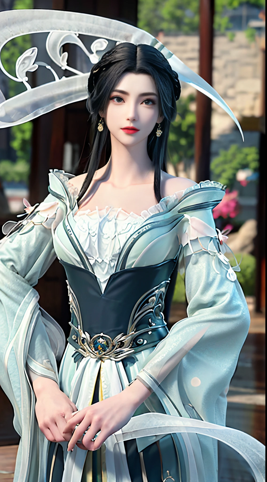 (Best Quality, Masterpiece: 1.2), Ultra High Resolution, Realistic, Front Lighting, Intricate Details, Exquisite Details and Textures, 1girl, Solo, (Young), Facial Highlight, Upper Body, Detail Face, Tear Mole, White Skin, Silver Hair, High Ponytail, Looking at the Audience, Big Eyes, Silk Hanfu, (Openwork Pattern, White, Silk), Earrings, Big Breasts, Slim Figure, Chang'an Avenue, Professional Lighting, Photon Mapping, Light Energy Transfer, Physically Based Rendering,