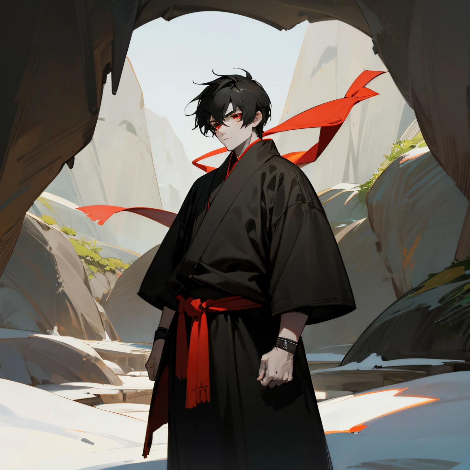 1male , standing on mountain , Ninja Clothing , Black Clothing , Warrior Clothing , Pale Skin , Red Eyes , standing infront of a cave , adult male , Black Hair