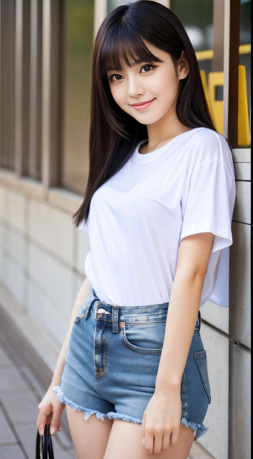 Best-quality, Masterpiece, Ultra-High-Resolution, (Photorealistic:1.4), Raw-Photo, Extremely-Details, Perfect-Anatomy, 1girl, 18-years-old, the most famous Japanese idol, cowboy-shot, upturned hip, looking at viewer, innocent smile, wearing denim hot pants and white t-shirt with cute design, detailed extremely cute face like a most popular Japanese actress, detailed extremely beautiful big black solid circle eyes, detailed extremely beautiful black short-cut-haired, detailed extremely beautiful realistic skins, detailed extremely beautiful hip, detailed extremely beautiful body, detailed extremely beautiful thighs, detailed denim hot pants, detailed white t-shirt with cute design