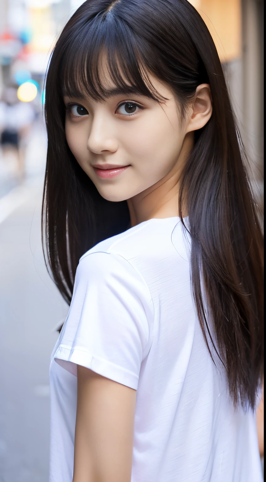 Best-quality, Masterpiece, Ultra-High-Resolution, (Photorealistic:1.4), Raw-Photo, Extremely-Details, Perfect-Anatomy, 1girl, 18-years-old, the most famous Japanese idol, cowboy-shot, upturned hip, looking at viewer, innocent smile, wearing denim hot pants and white t-shirt with cute design, detailed extremely cute face like a most popular Japanese actress, detailed extremely beautiful big black solid circle eyes, detailed extremely beautiful black short-cut-haired, detailed extremely beautiful realistic skins, detailed extremely beautiful hip, detailed extremely beautiful body, detailed extremely beautiful thighs, detailed denim hot pants, detailed white t-shirt with cute design