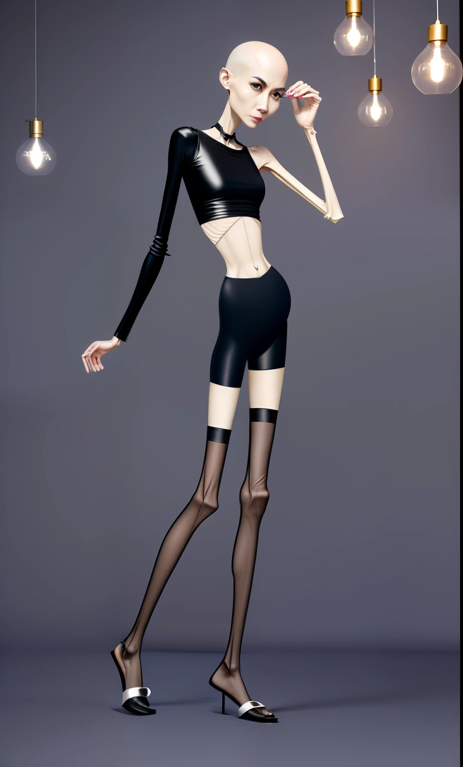 Very very thin anorexia long elongated body. very thin, and unreal very longest skinny legs in pantyhose and high heels platform. very beautiful cute real face, позирует стоя nude