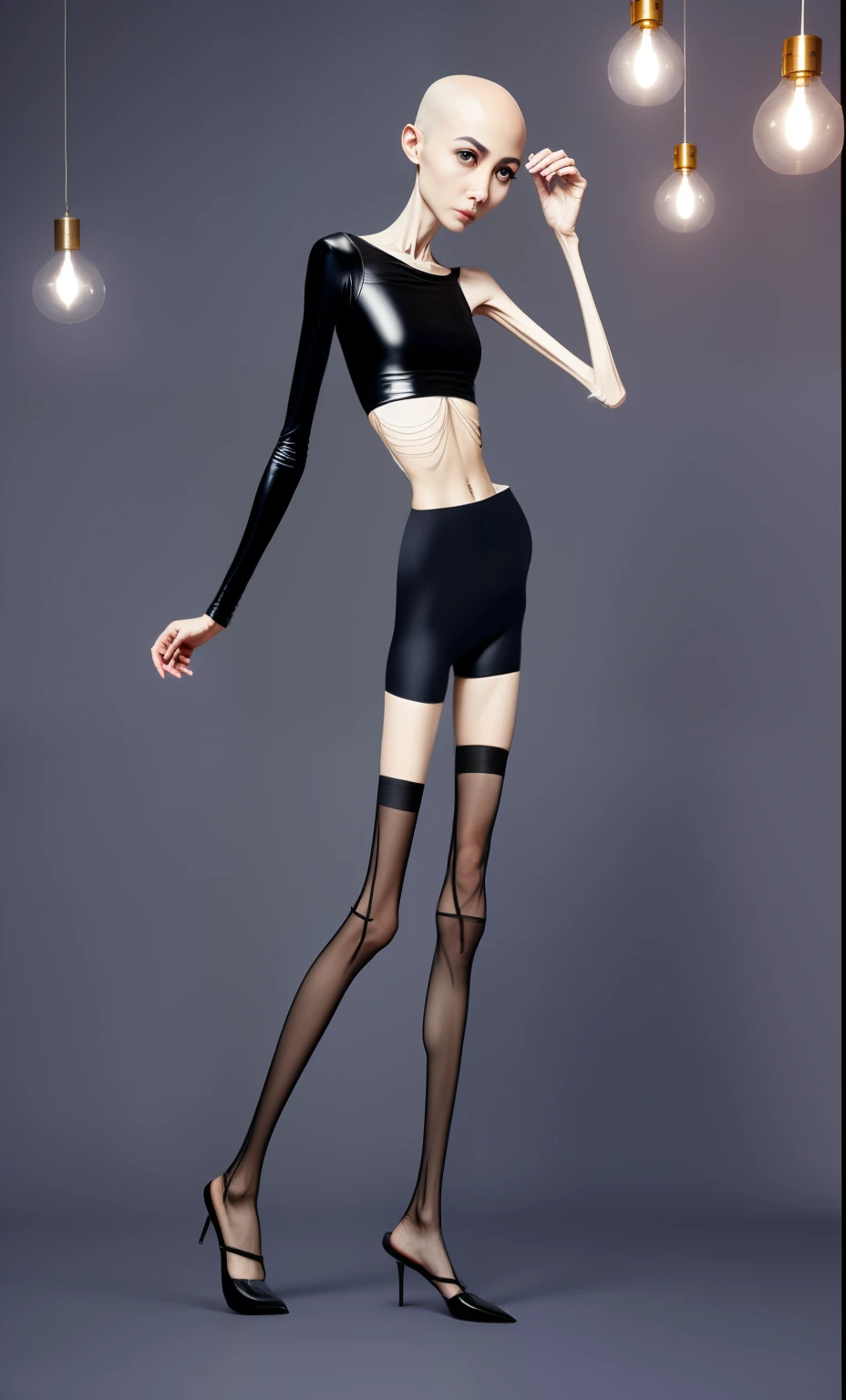 very thin woman,A thin body,Protruding sternum,The waist is very thin,The ribs are noticeable,Protruding ribs,The pelvic protrusion is very obvious,Pelvic width,Legs are just skin and bones,White skin of the,thin shoulde,The waist is very thin,Sunken abdomen,Delicate arms,arm muscle atrophy,hunger,The lower abdomen is depressed,bald,Wear tight leather pants,Wear tight silk clothes,Wearing black stockings,Wear slippers,Asia face,The waist is particularly thin,angry look,Excessive weight loss,The face is sunken and thin,Severe malnutrition,hunger,Weak,anorexia