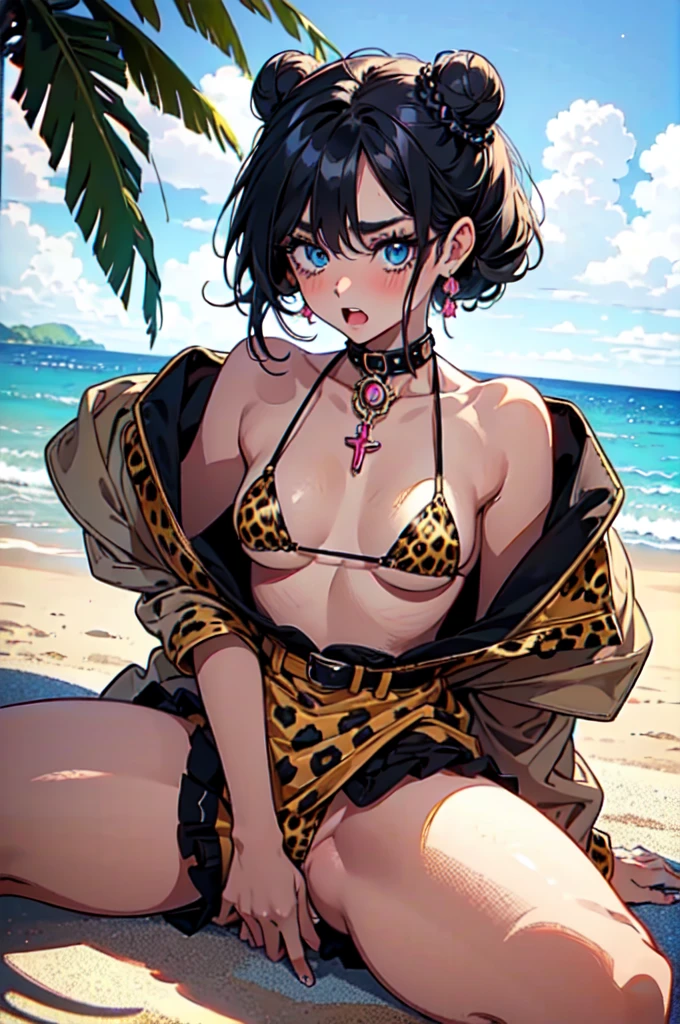 "(masterpiece:1.1), best quality, NSFW,
1girl, gyaru, (80s anime style:1.3), (eyelashes:1.5), (:1.2),
(intricate high detailed body:1.2),
black hair,
(forehead:1.1), (short hair, twin bun:1.1),
blue eyes, (thick eyebrows:1.1),
(oiled skin:1.3), (small breasts:1.1),
(shy:1.2), open mouth, (blush:1.2),
(leopard print micro bikini:1.1),
accessories, earrings, collar, hair ribbon,
(sitting, spread legs:1.1),
(cowboy shot:1.1),
(daytime, beach:1.2)"