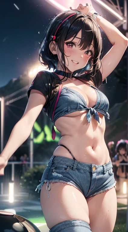 top quality, (Masterpiece: 1.3), (Maximum resolution: 1.2), (Ultra HDTV: 1.2), Cinema light, Ultra HDTV, (Detailed eyes and skin), (Detailed facial features), HDR, 8k resolution, Sharp Focus: 1.2, (solo DJ girl:1.6), ((Dancing wildly in a melting pot of excitement, motion blur: 1.6)), (dynamic angle:1.5), (dynamic pose:1.5), Perfect style, beautiful face, accurate, anatomically correct, highly detailed face and skin texture, detailed eyes, red eyes, double eyelids, thin eyebrows, glitter eyeliner: 1.2, blushed cheeks, round face, glossy skin, fair skin: 1.2, (glossy lips: 1.4), (heart shaped pupils) BREAK first-person-view, ((Wearing vivid bikini top, extra low rise denim shorts as bottom, and sexy side tie panty :1.6)), (playful accessories:1.5),(DJ headphone:1.4), (confident look:1.2), (excited:1.8), innocent and Cute girl, ( glossy black hair with vivid red side line colors:1.5 ), ( shaggy shortbob, messy hair:1.6), BREAK (Full body shot: 1.2), (focus on lips), (medium large breasts:1.2), ((( at the RAVE festival deep in the mountain , at night : 1.6)), (very lewd atomosphere:1.6),