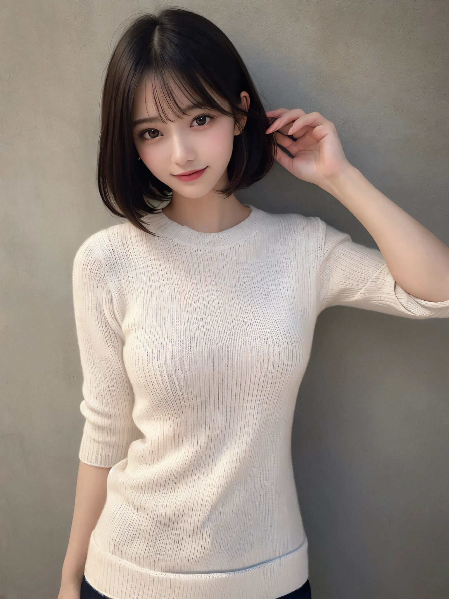 Best-quality, Masterpiece, Ultra-High-Resolution, (Photorealistic:1.4), Raw-Photo, Extremely-Details, Perfect-Anatomy, 1girl, 18-years-old, the most famous Japanese idol, looking at viewer, hands on cheek, upturned ass, innocent smile, ((wearing very tight white long sleeve and long length knitted-dress)), extremely cute face like a most popular Japanese idol, amazingly beautiful big black solid eyes, very beautiful black hair, very beautiful big breasts, very beautiful body, very beautiful hip, very beautiful thighs, detailed knitted-dress