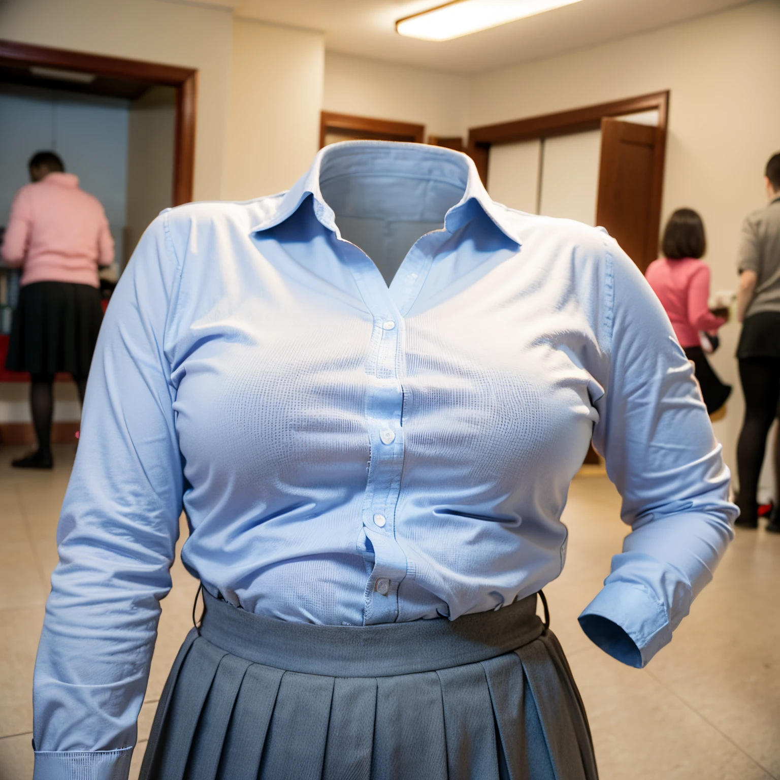 chubby, fat, long sleeve, school uniform, classroom, high school, (Seductive pose), (invisible:1.5, no humans:1.5, headless:1.5, faceless:1.5), (cute big breasts), (close-up shot of breasts), (8k, RAW photo, best quality, masterpiece:1.2), (realistic, photo-realistic:1.37), photon mapping, radiosity, ((Hasselblad photography)), physically-based rendering