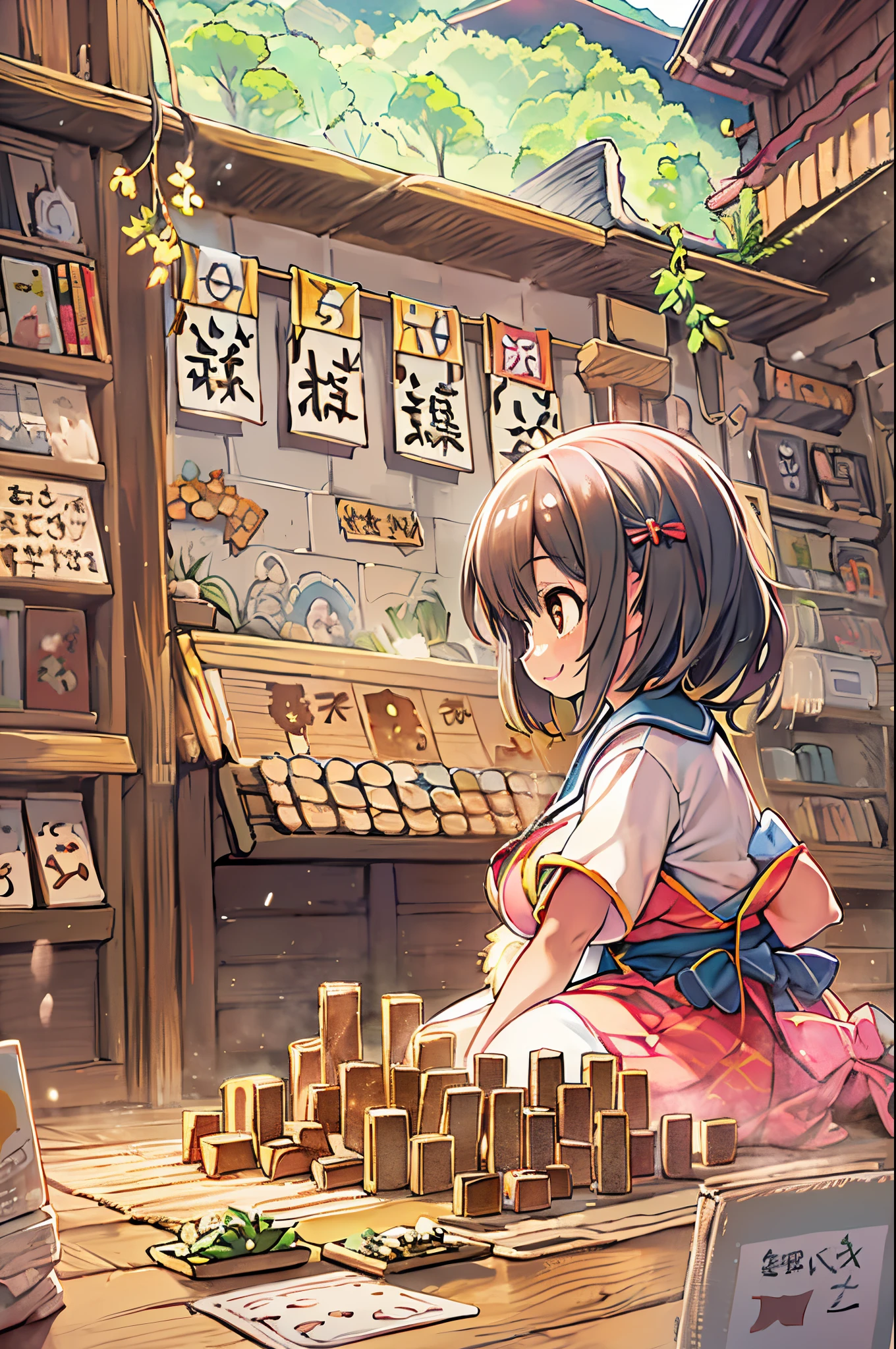 huge-breasted、kawaii、8 years old girl、A huge smile on my face,Chibi, beautiful anime scene, Anime landscapes, Anime Background, Beautiful anime scenery, Beautiful peace scenes in anime, Playing shogi、Shogi Hall