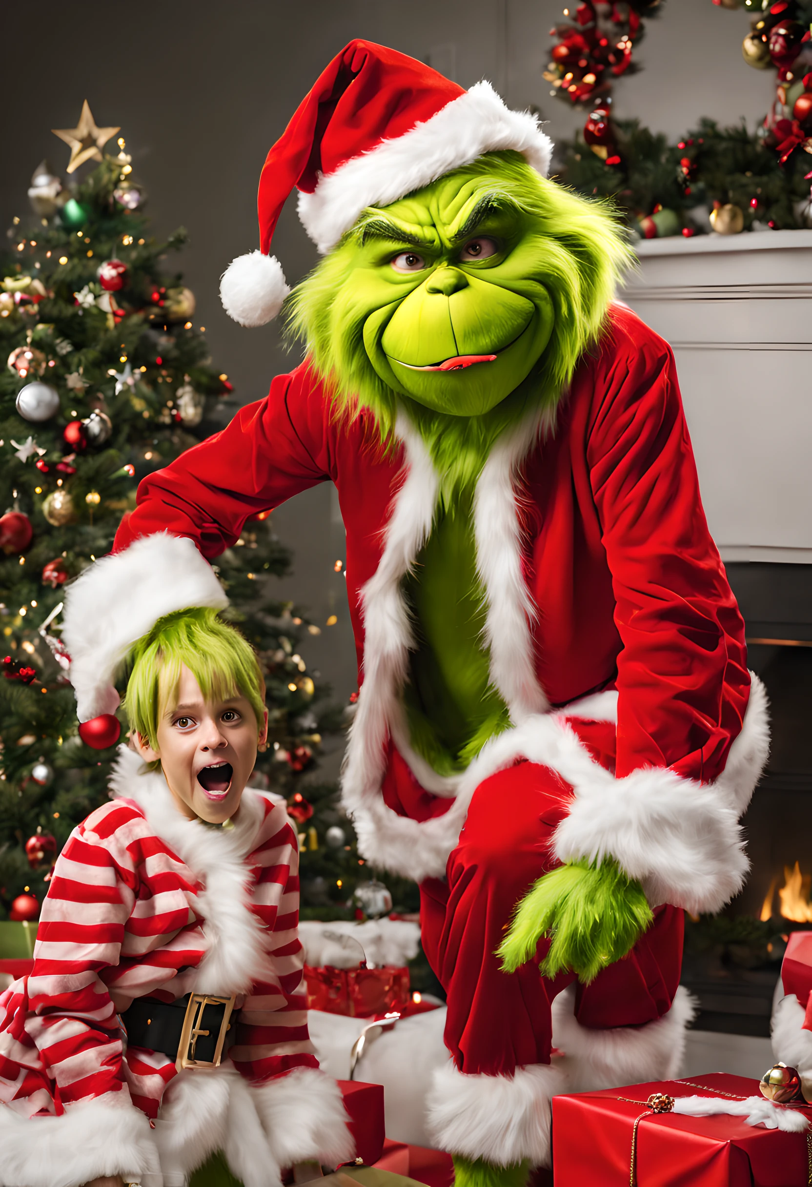 Grinch, Jim Carrey, green monster, 
BREAK
santa claus costume, 
BREAK
christmas tree, scattered decorations,