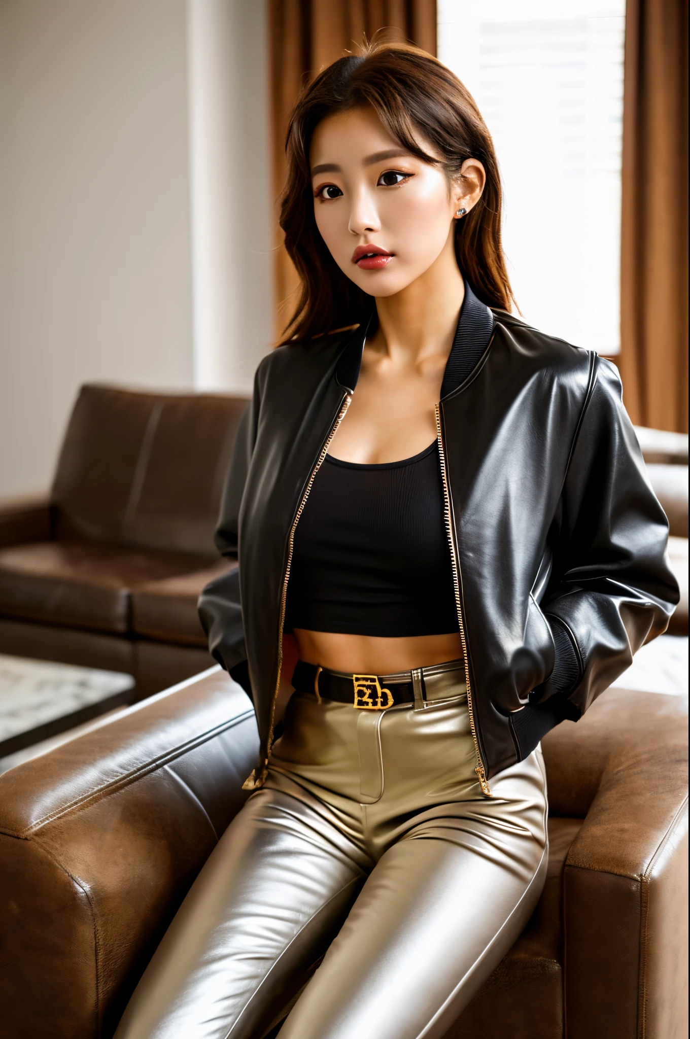 ultra‐realistic, masterpiece, realistic body proportion, head‐to‐thigh focused, a beautiful 18 year old porn star sitting in a living room, she is a mixed ethnicity of Colombian and Korean, a body with golden proportion, (sexy pose with jacket wear half-way:1.2), seductive lips, (wearing a polished black leather bomber jacket over a completely topless body:1.4), jacket with silver zipper, black long tight pants, medium-length brown hair blocking her left eye, tan skin