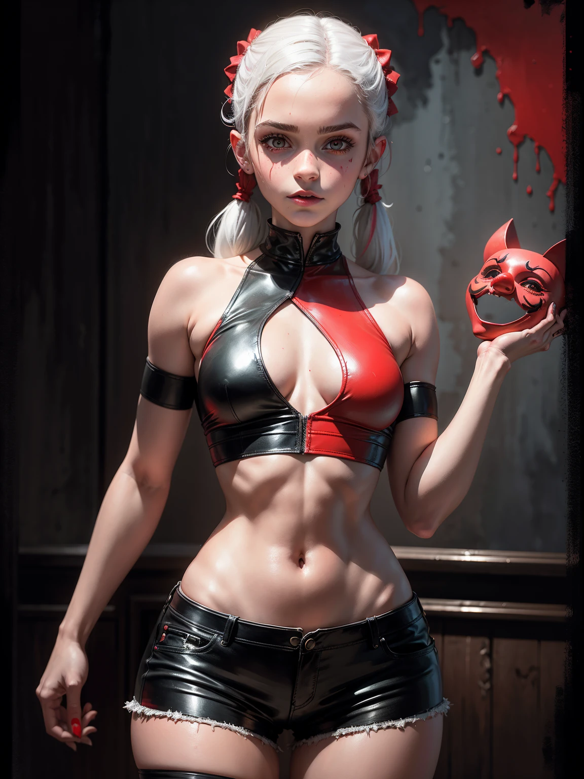 Macabre. an oil painting of dark figure, a teen emma watson with red paint. tight leather shorts, crop top, underboob. white hair in twintails. dark ambient. background a dark room with clown masks.