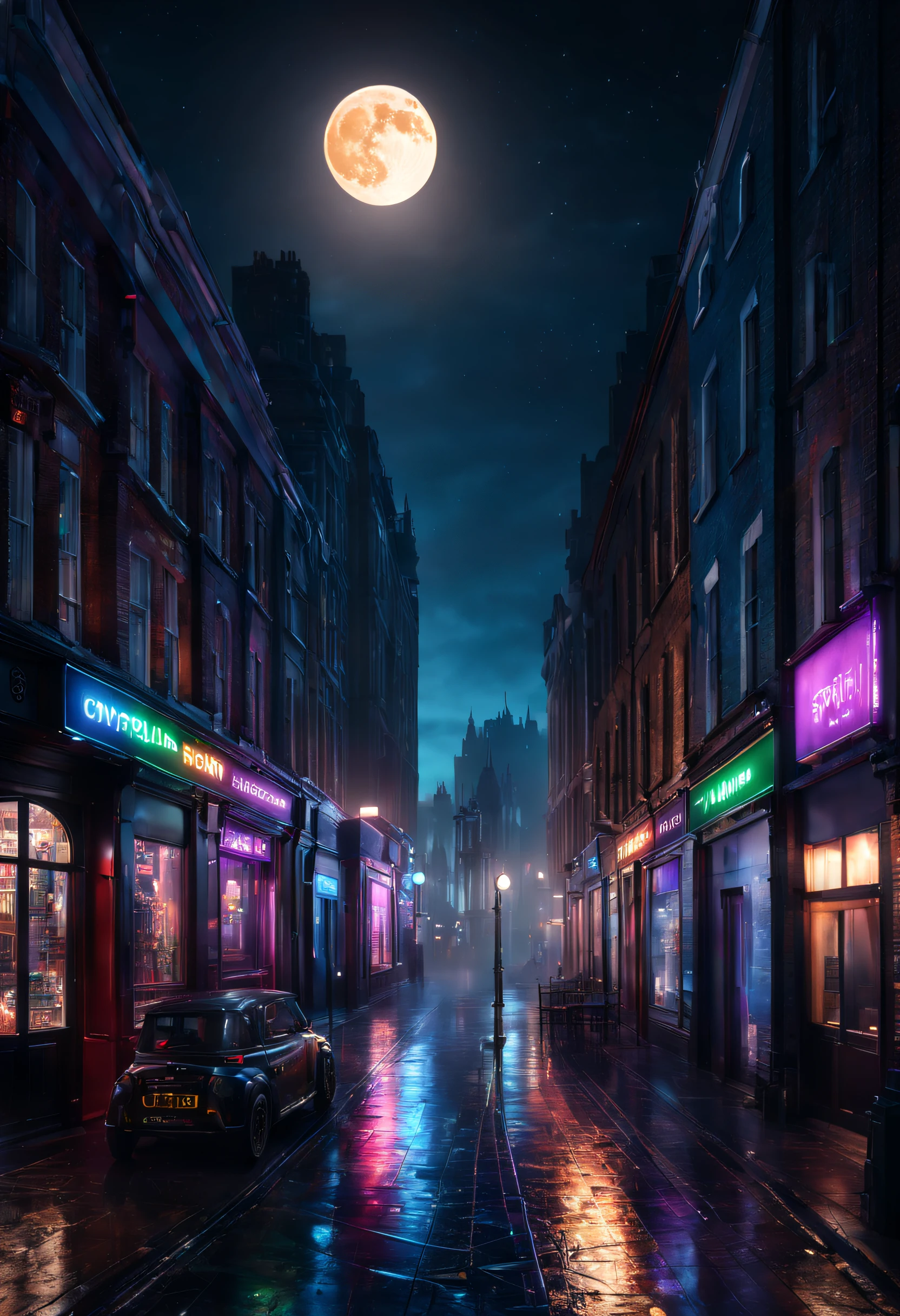 Dark city in hyper-realistic 8k quality, con colores obscuros de noche con la luna en cuarto menguante, noche estrellada, en 3d, con rascacielos detallados, con neblina tipo londres