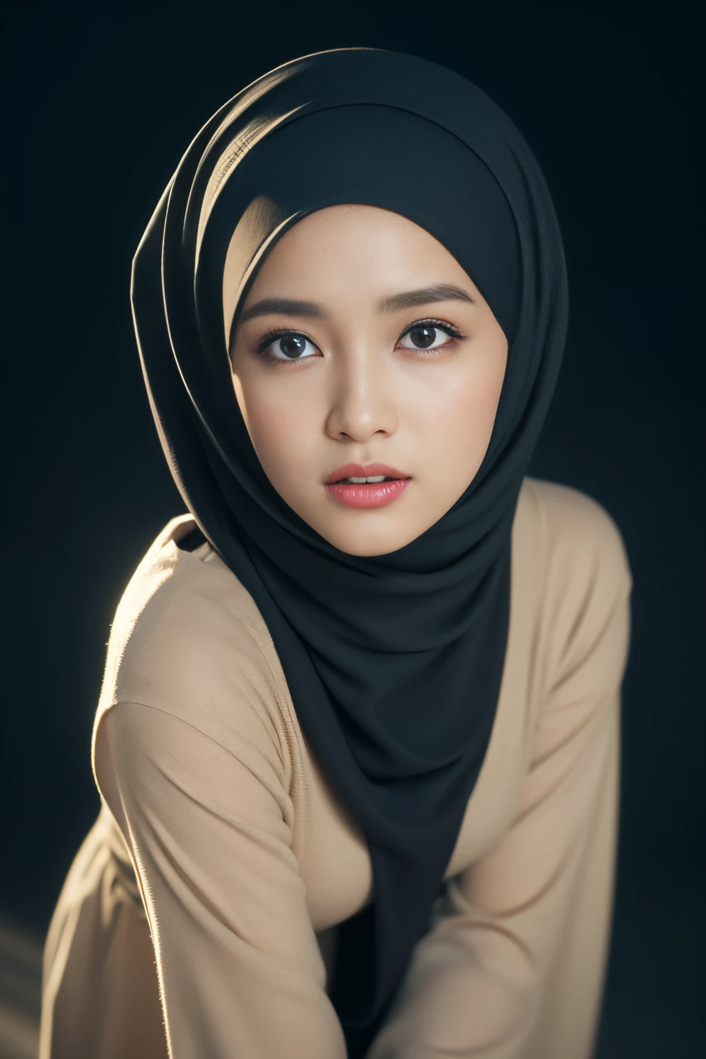kneeling, open mouth, javanese, (((hijabi))), cleavage, reflection light, chiaroscuro, depth of field, cinematic lighting, ray tracing, Sony FE GM, UHD, super detail, masterpiece, textured skin, high details, best quality, award winning,3D,hdr(HighDynamicRange),Ray tracing,NVIDIA RTX,Hyper-Resolution,Unreal 5,Subsurface scattering、PBR Texture、post-proces、Anisotropy Filtering、depth of fields、maximum definition and sharpness、Many-Layer Textures、Albedo e mapas Speculares、Surface coloring、Accurate simulation octane rendering of light-material interactions、Two-colored light、largeaperture、Low ISO、White balance、the rule of thirds、8K raw data