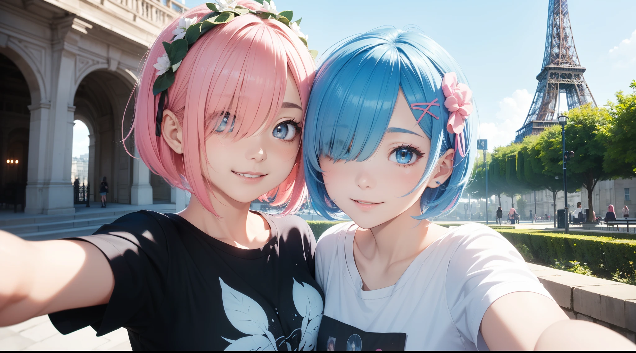 masterpiece, (2girls), couple, ((ram \(re:zero\), pink hair, hair tie), (remrin:1), ramchi, (short hair:1.5), (hair over one eye:1.1), (rem_re_zero, light blue hair, hair tie):1.35), (wearing t-shirts:1.5), boobs, (happy face expression:1.3), (shy face:1.2), (detailed body, detailed hands, detailed faces:1.3), (selfie:1.5), Paris background, Eiffel tower on background