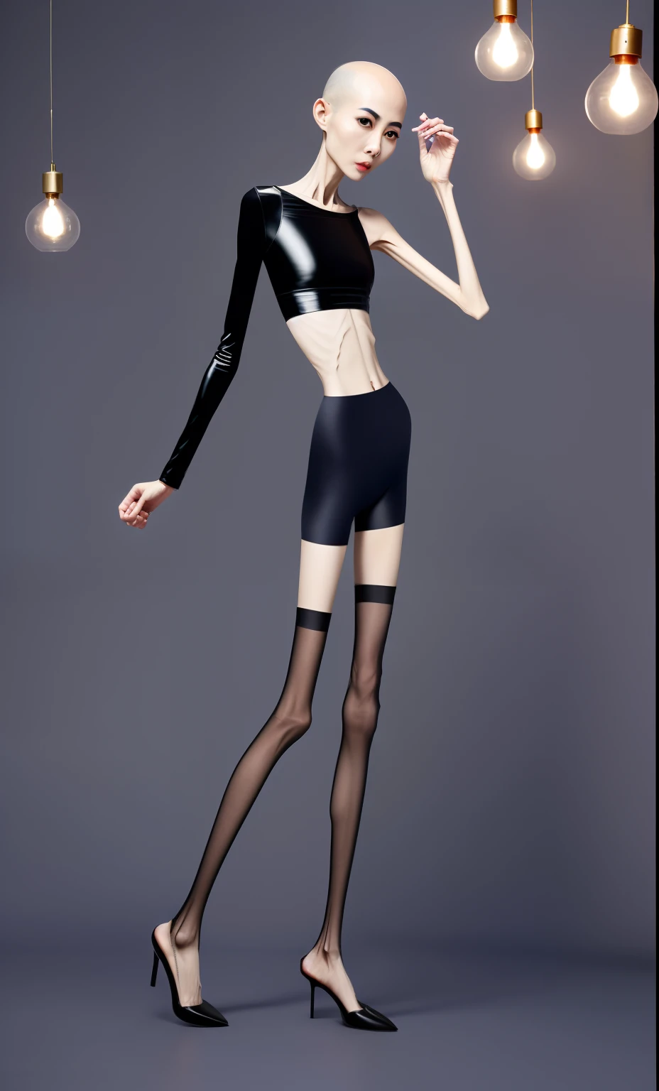 very thin woman,A thin body,Protruding sternum,The waist is very thin,The ribs are noticeable,Protruding ribs,The pelvic protrusion is very obvious,Pelvic width,Legs are just skin and bones,Fair skin,thin shoulde,The waist is very thin,Sunken abdomen,Delicate arms,arm muscle atrophy,hunger,sunken lower abdomen,bald,Wear tight leather pants,Wear tight silk clothes,Wearing black stockings,Wear slippers,Asia face,The waist is particularly thin,angry look,Excessive weight loss,The face is sunken and thin,Severe malnutrition,hunger,Weak,anorexia
