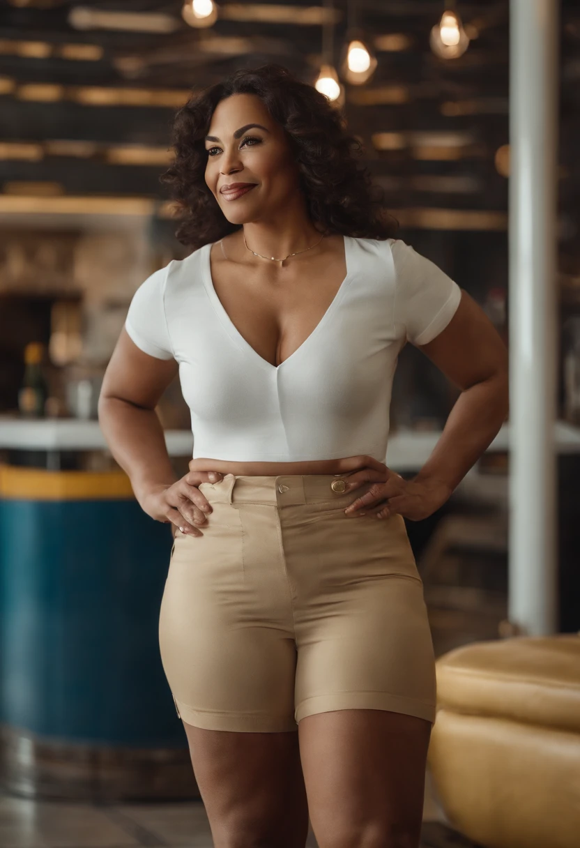 McDonald's Advertisement mom with a large bulge in her pants from a cock, looking at the camera with a smug grin.