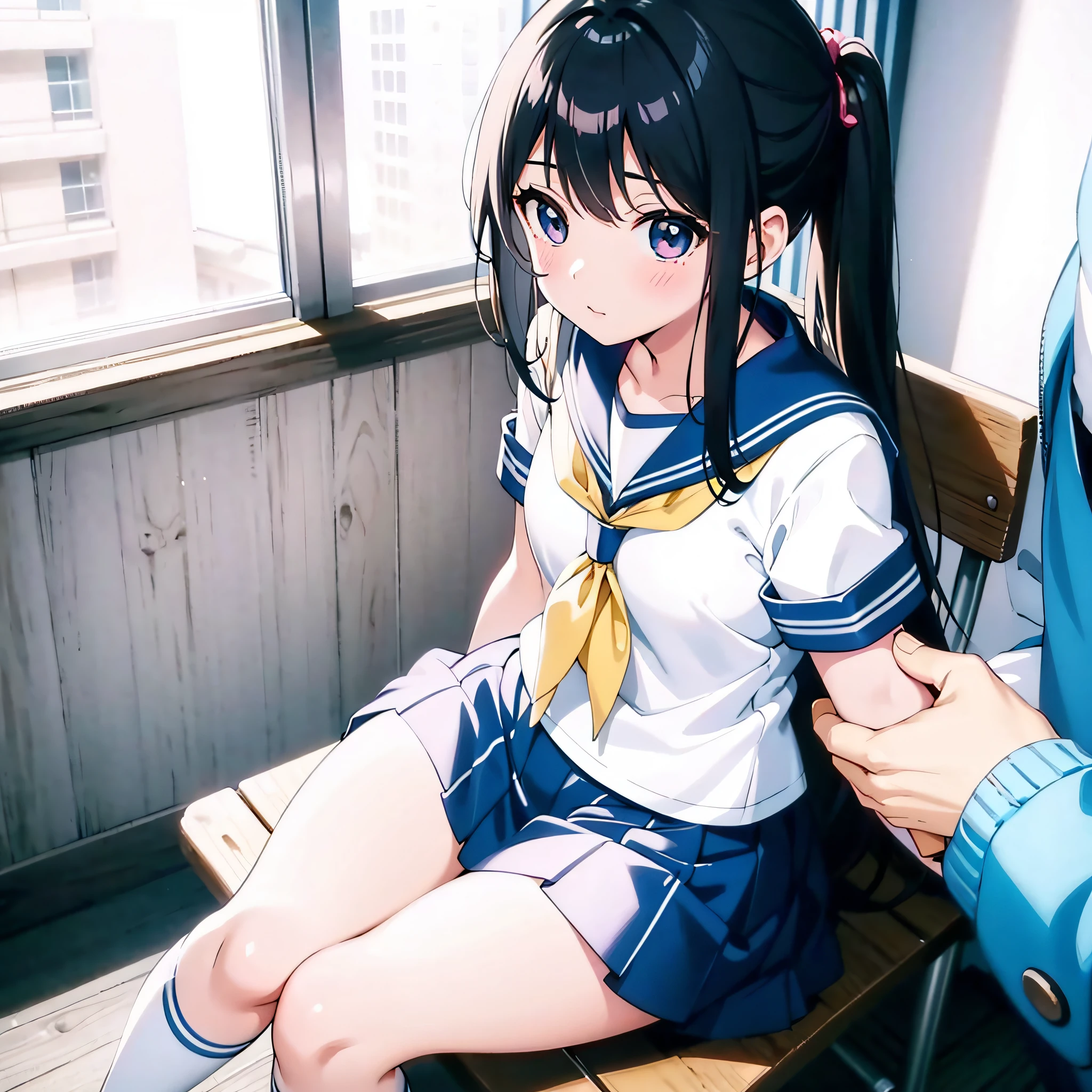 Anime girl sitting on a bench with a guy standing behind her, beautiful anime high school girl, a hyperrealistic schoolgirl, a hyperrealistic schoolgirl, Realistic Schoolgirl, anime moe art style, Smooth Anime CG Art, Ecchi anime style, Cute anime girl, young anime girl, charming anime girls, anime style 4 k, realistic anime 3 d style