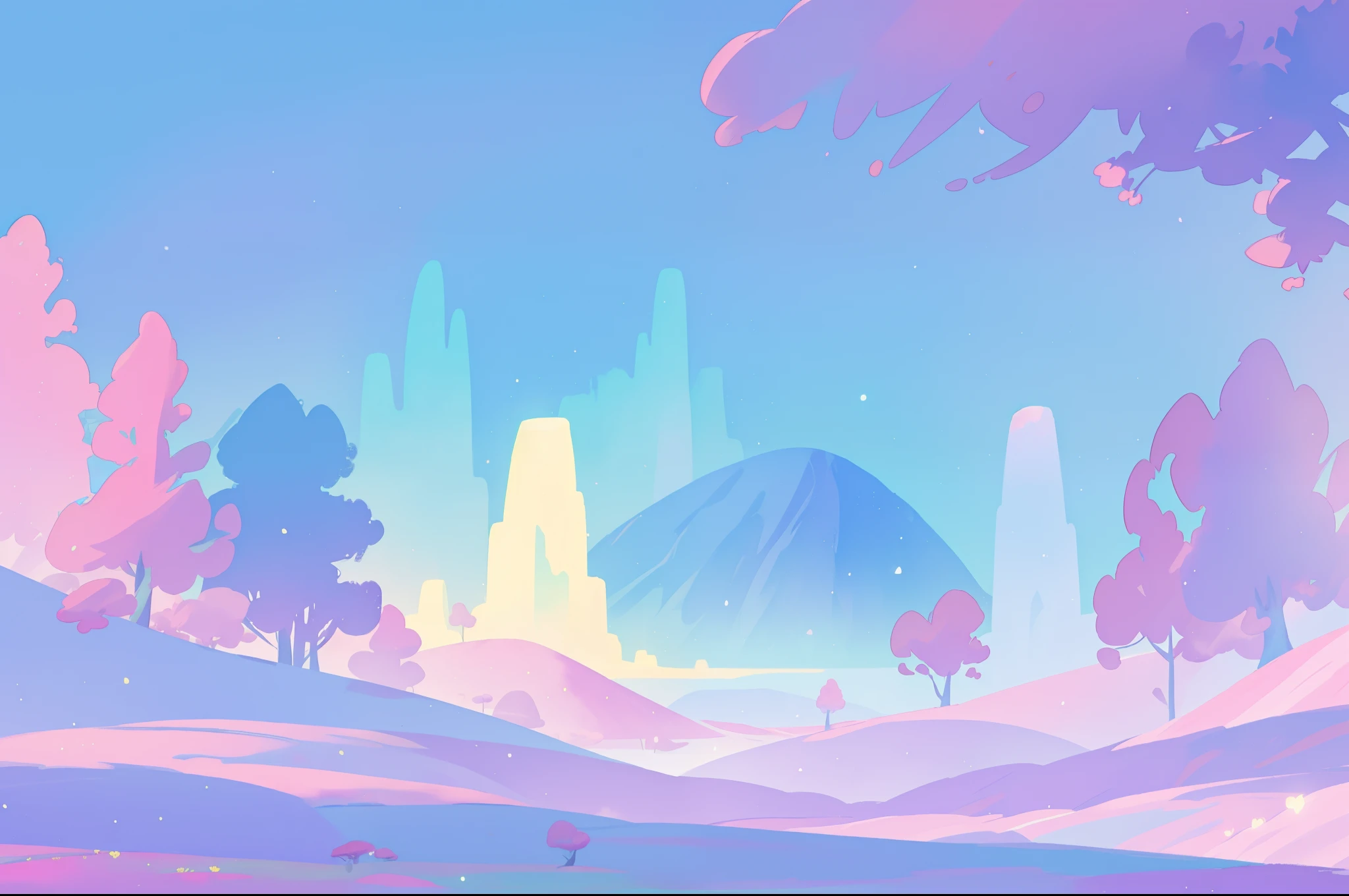 beautiful fantasy landscape, vibrant colors, (((otherworldly landscape))), whimsical landscape, purples pinks blues, watercolor illustration, disney art style, glowing lights, beautiful digital illustration, fantasia otherworldly landscape plants flowers, beautiful, masterpiece, best quality, anime disney style