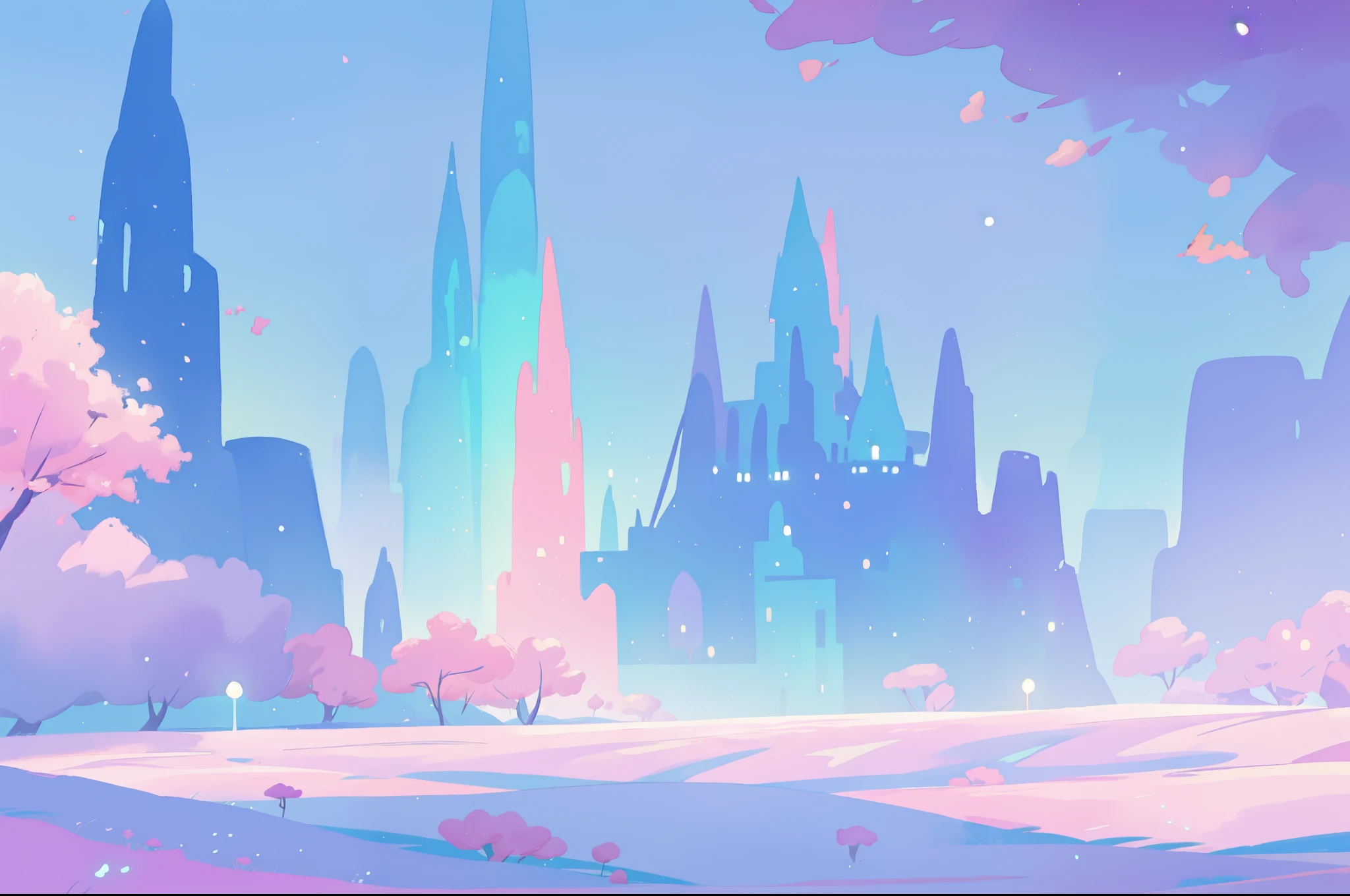 beautiful fantasy landscape, vibrant colors, (((otherworldly landscape))), whimsical landscape, purples pinks blues, watercolor illustration, disney art style, glowing lights, beautiful digital illustration, fantasia otherworldly landscape plants flowers, beautiful, masterpiece, best quality, anime disney style