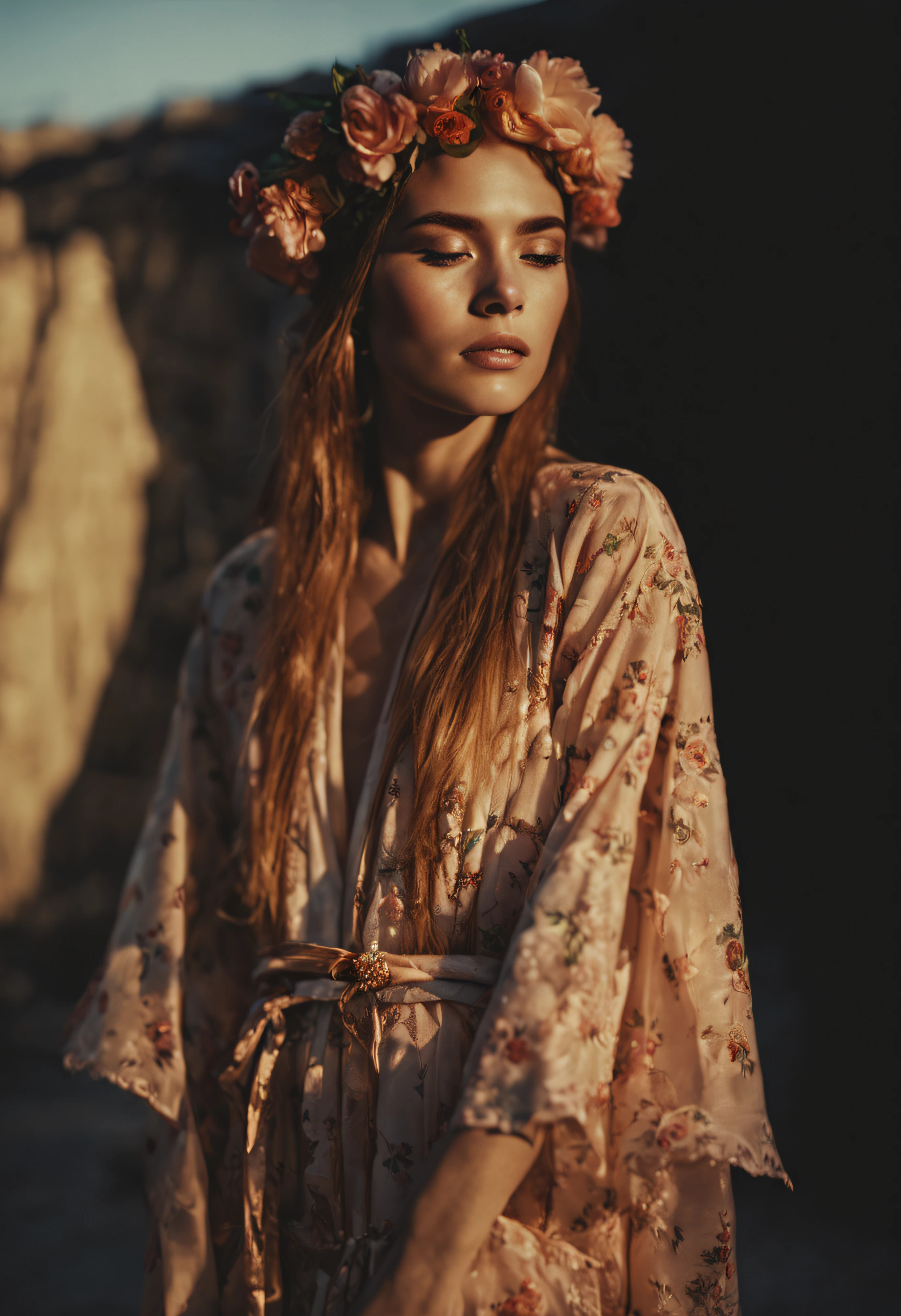 a woman with freckles and Waterfall braid hair with flower headband (full body:1.2) wearing revealing Embroidered kimono robe in a Bazaar (sunset) by Laura Makabresku, cinematic lighting,(cinematic, film grain:1.1) SK_CINEMATIC