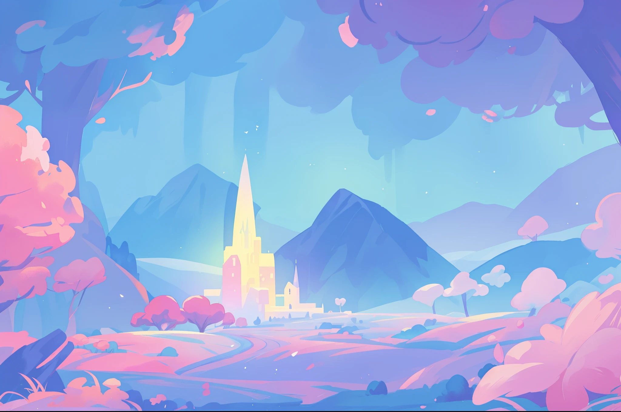beautiful fantasy landscape, vibrant colors, (((otherworldly landscape))), whimsical landscape, purples pinks blues, watercolor illustration, disney art style, glowing lights, beautiful digital illustration, fantasia otherworldly landscape plants flowers, beautiful, masterpiece, best quality, anime disney style