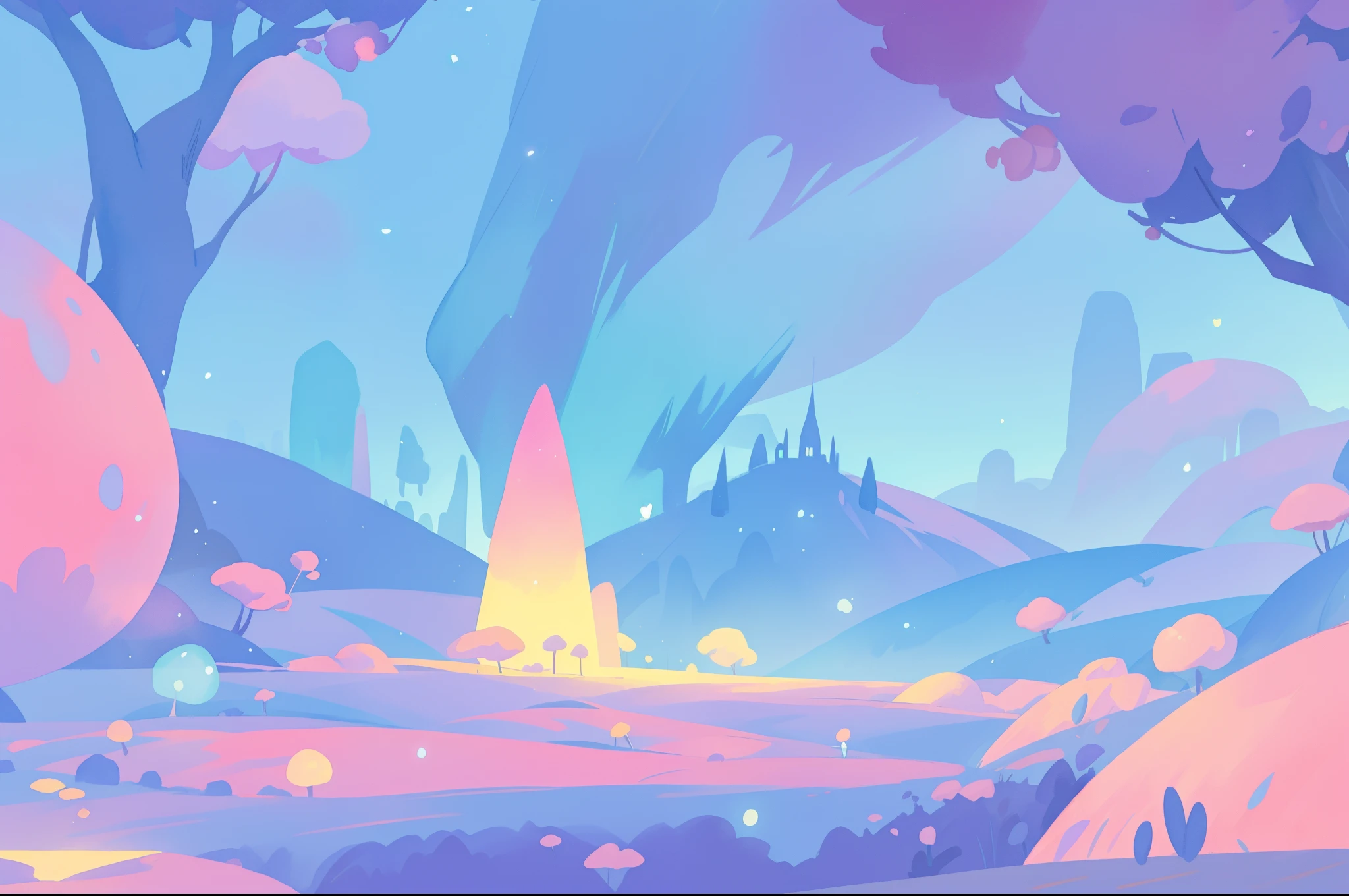 beautiful fantasy landscape, vibrant colors, (((otherworldly landscape))), whimsical landscape, purples pinks blues, watercolor illustration, disney art style, glowing lights, beautiful digital illustration, fantasia otherworldly landscape plants flowers, beautiful, masterpiece, best quality, anime disney style