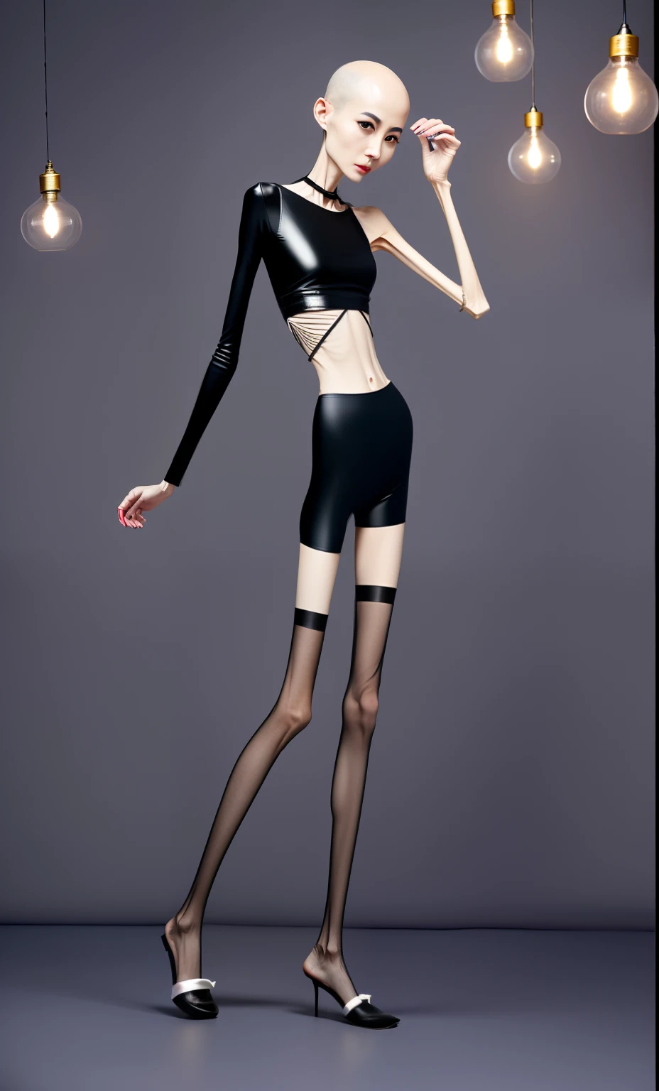 very thin woman,A thin body,Protruding sternum,The waist is very thin,The ribs are noticeable,Protruding ribs,The pelvic protrusion is very obvious,Pelvic width,Legs are just skin and bones,Fair skin,thin shoulde,The waist is very thin,Sunken abdomen,Delicate arms,arm muscle atrophy,hunger,sunken lower abdomen,bald,Wear tight leather pants,Wear tight silk clothes,Wearing black stockings,Wear slippers,Asia face,The waist is particularly thin,angry look,Excessive weight loss,The face is sunken and thin,Severe malnutrition,hunger,Weak,anorexia