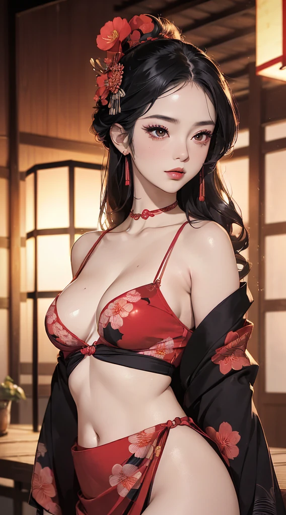 (((8k wallpaper of extremely detailed CG unit, ​masterpiece, 超A high resolution:1.2, top-quality:1.2, masutepiece))), ((extremely beautiful lady, extra detailed face, Highly detailed black eyes, extra detailed body, Top quality real texture skins, A dark-haired, de pele branca, Small:1.3, Sexy black and red kimono:1.2, off shoulders, Light pink eyeshadow, Fashion poses)), (Exposed cleavage, exposed shoulder, Exposed belly, Exposed legs), (paper lanterns, Plum Blossom, Plum blossoms, natta:1.2, A Japanese style), hyper realisitic, digitial painting,