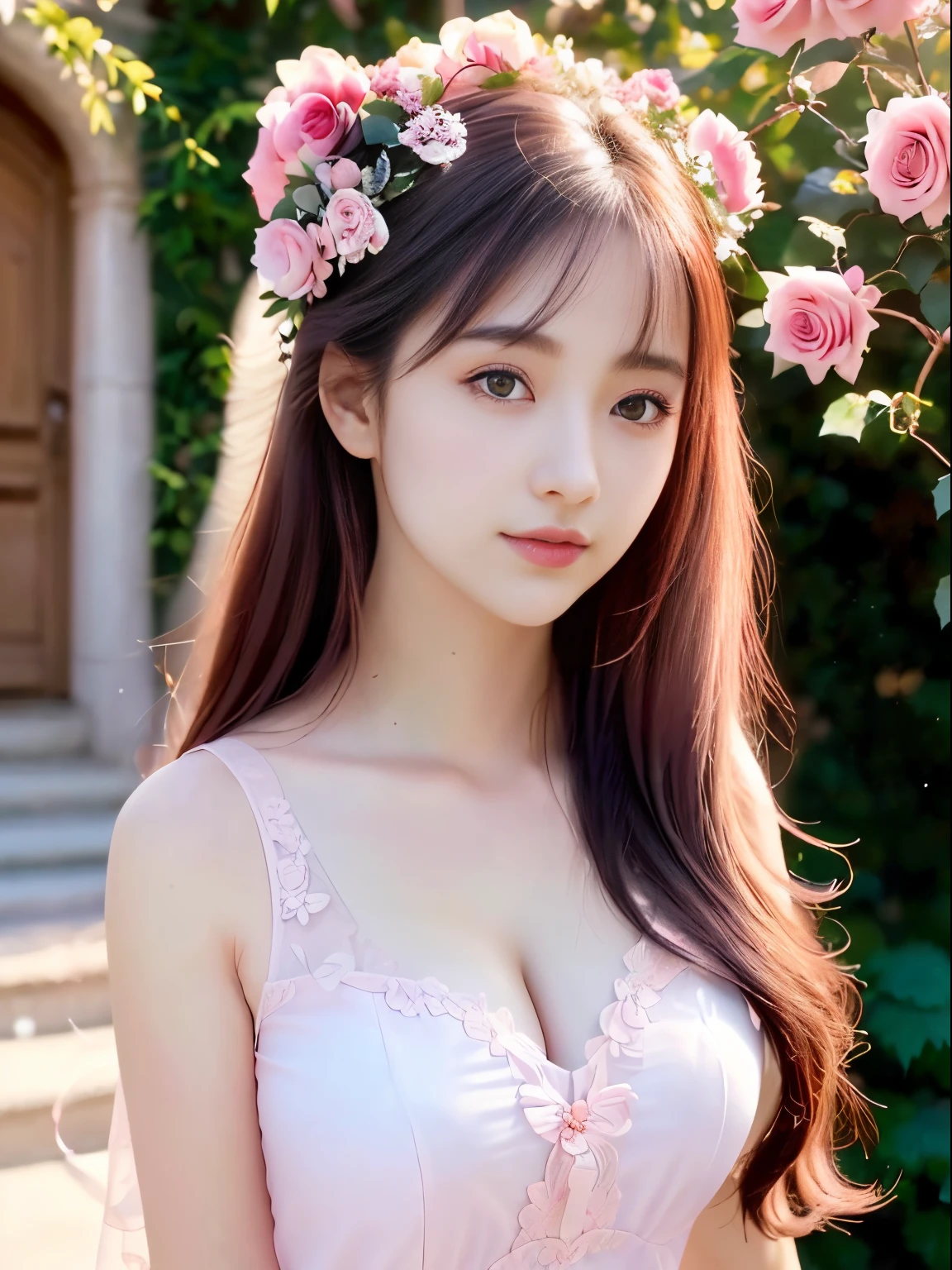 Professional photography, realistic, a clump of pink roses outside the house, beautiful and aesthetic, soft pink, beautiful beauty, roses in movie lights, lush flowers outdoors, nature and floral aesthetics, rose garden, roses, portal made of roses, beautiful images, roses, fantastic aesthetics, in a cottage core garden, pink golden hour, (masterpiece: 1.6, best quality), (fine detailed beautiful eyes: 1.2), (extremely detailed CG unity 8k wallpaper, masterpiece, super detailed, best shadows), (detailed background), high contrast, (best lighting, extremely refined and beautiful), ((color paint splash on transparent background, Dulux,)), ((caustic)), dynamic angles, beautiful details glowing, amazing, high detail, very detailed, beautiful, building shots, surrealism, Unreal Engine 5