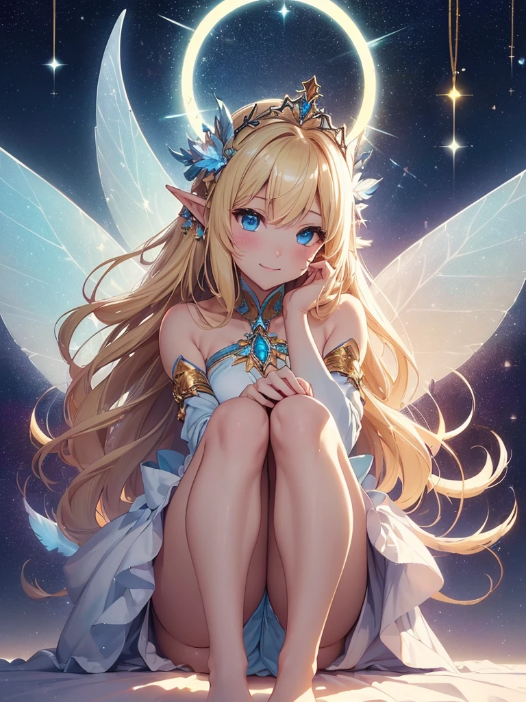 top-quality、Top image quality、masterpiece、Full body naked girl((20yr old、Best Bust、big bast、Bust 90,Beautiful blue eyes、,Blonde long hair、A slender、Fairy feathers、a closeup、Sit with your knees bent、sideways Facing、、Floating in the light、beautiful tiara、hiquality、Beautiful Art、Background with((starrysky)))masutepiece、visualart、depth of fields、sky at night、、 、low angles、A sexy、Elven ears、Feathers glow in iridescent colors、light magic、kosmos、mid night、Happy smile、Gentle light、Emitting a magical light、I'm not wearing underwear、colorful beautiful dress、Beautiful skins、beutiful breast、beautiful foot、welcome、accurate fingers、Exact finger count、Bend both legs、、Dynamic angles、heavenly palace of light、a throne、Kime Pose