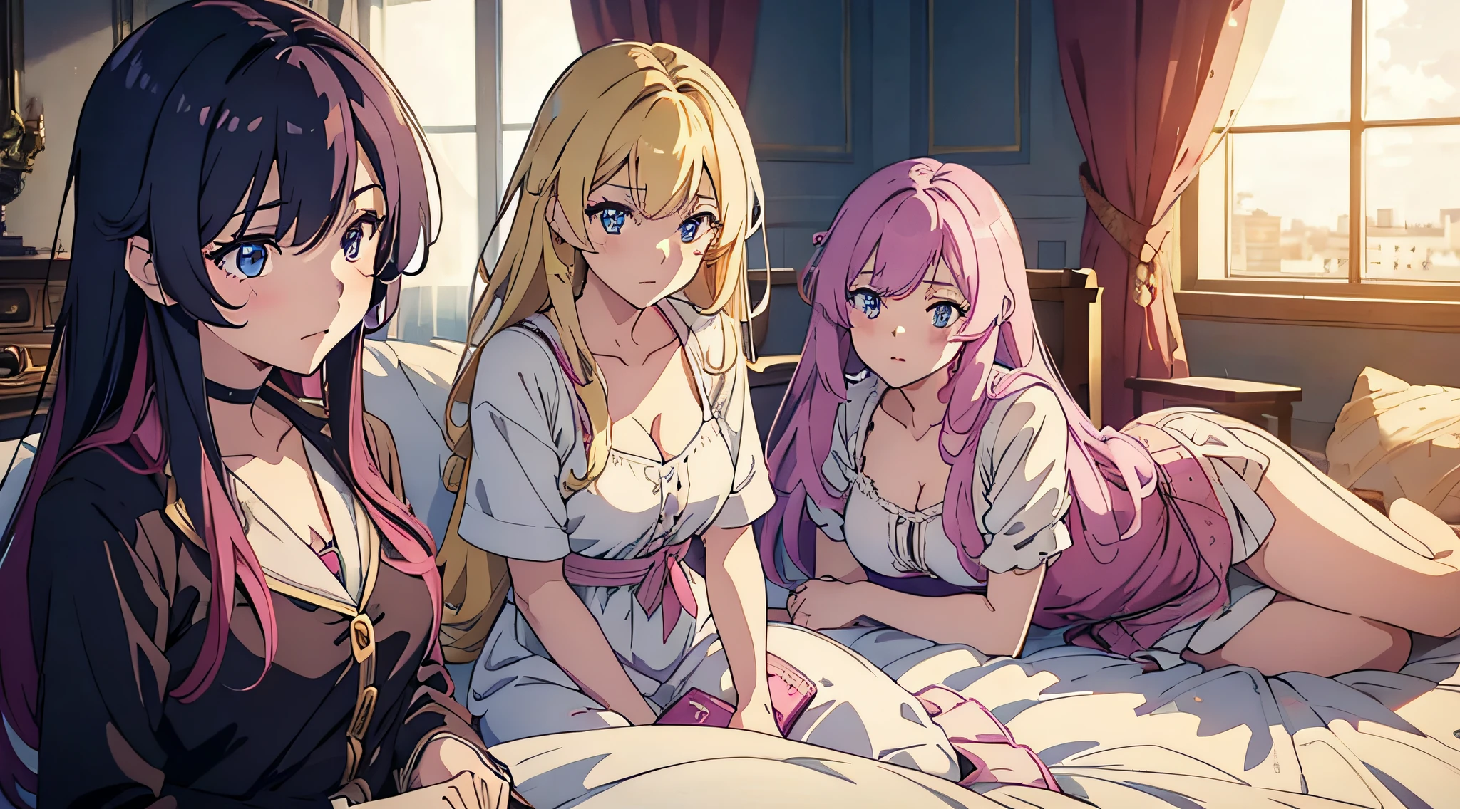 3 girls, girls with different hair colors, girls in dresses, young and beautiful, royal sister, young anime people, anime moe art style, watching audience, close-up, seductive expressions, rich colors, in luxurious villas, lying on the bed, looking at the phone, vibrant appearance, playful accessories, creative behavior, imaginative, sensual, spontaneous, delicate facial features, clear facial expressions, detailed digital animation art, digital animation art, high-quality anime art style,