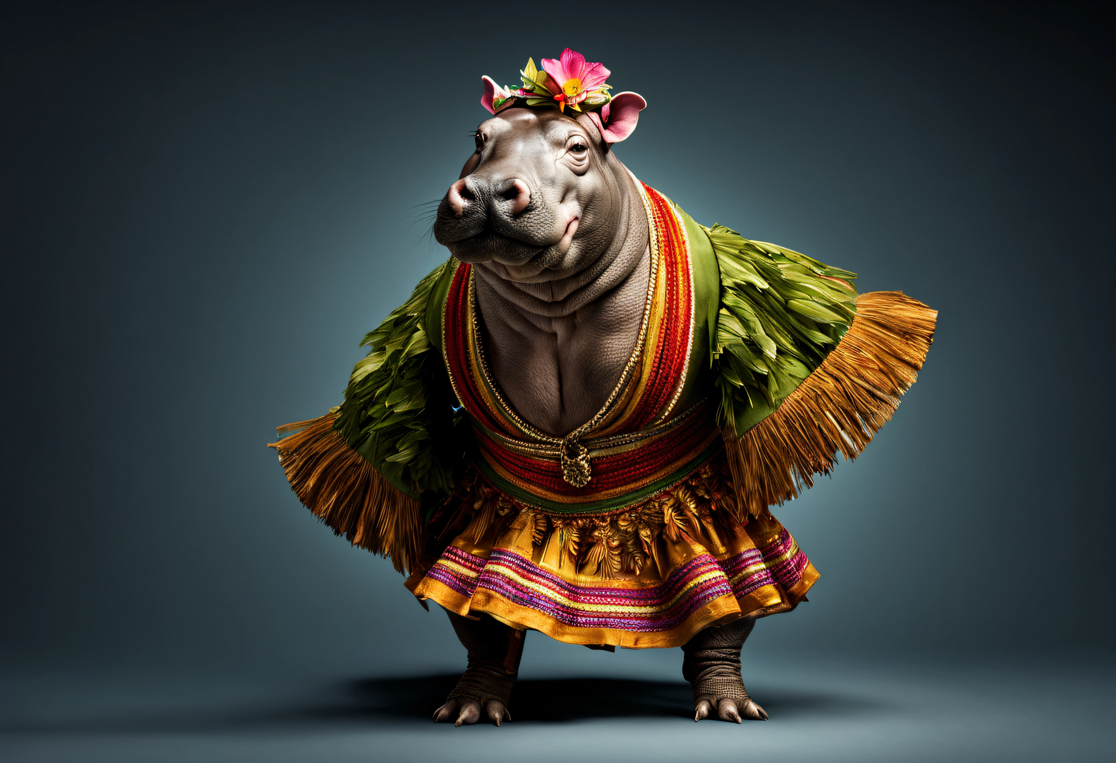 photorealistic portrait of Dressed animals - a fat rhino hula dancer,(dancing), high quality, intricate details highly detailed hula costume ,flower lay, studio lighting,(full body image:1.5)