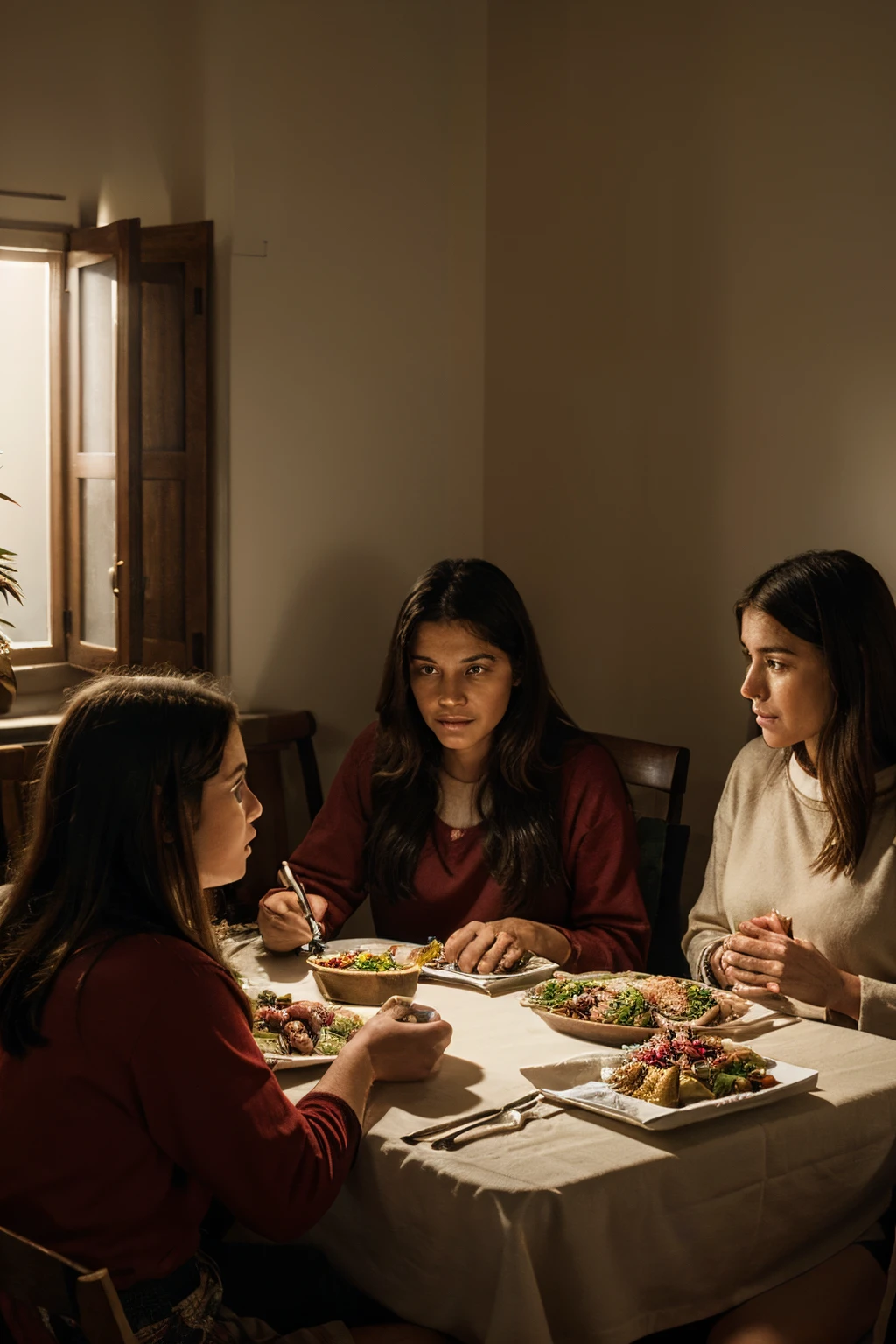 Jesus Christ participating in a humble family Christmas dinner with his father, mother and two children in a simple environment. Diffused light illuminates the environment.