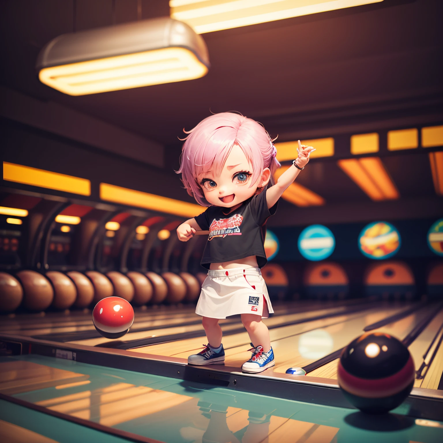 masterpiece、top-quality、ultra-detailliert、(Chibi character professional bowler:1.2)、bowling、🎳、Bowling alley、Standing、delight、