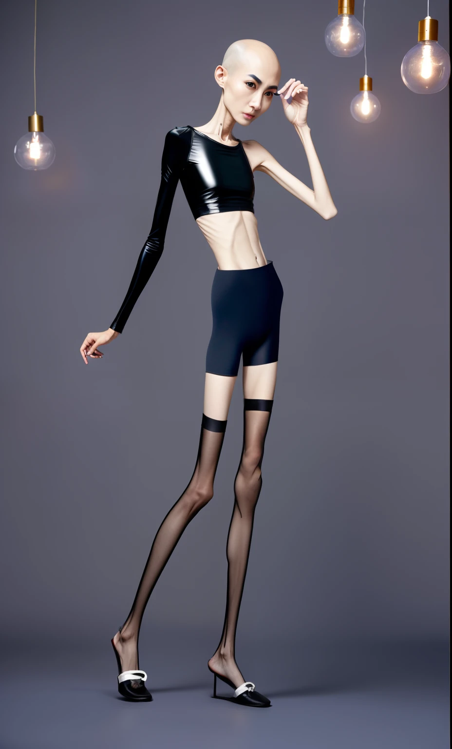 very thin adult male,A thin body,Protruding sternum,The waist is very thin,The ribs are noticeable,Protruding ribs,The pelvic protrusion is very obvious,Pelvic width,Legs are just skin and bones,Fair skin,thin shoulde,The waist is very thin,Sunken abdomen,Delicate arms,arm muscle atrophy,hunger,sunken lower abdomen,bald,Wear tight leather pants,Wear tight silk clothes,Wearing black stockings,Wear slippers,Asia face,The waist is particularly thin,angry look,Excessive weight loss,The face is sunken and thin,Severe malnutrition,hunger,Weak,Incompetent men