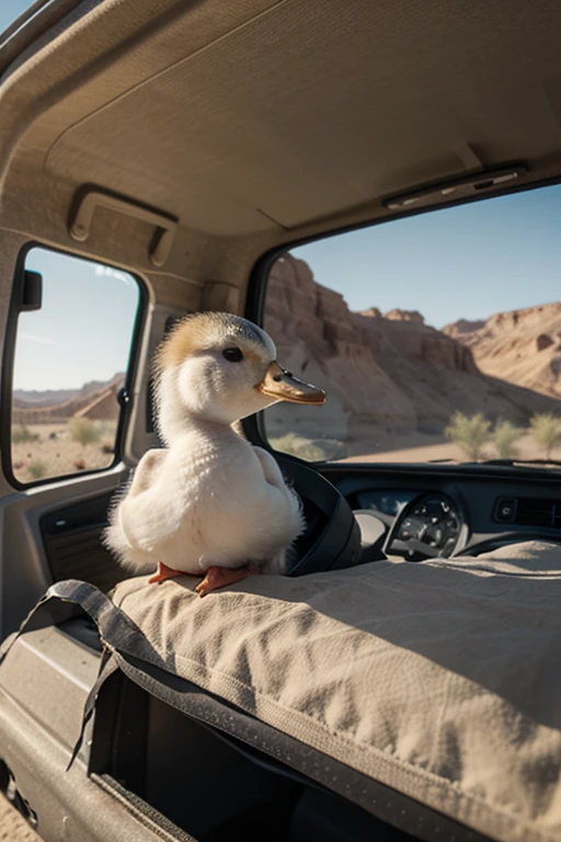 cute white baby duck in a truck driving in the desert in the morning