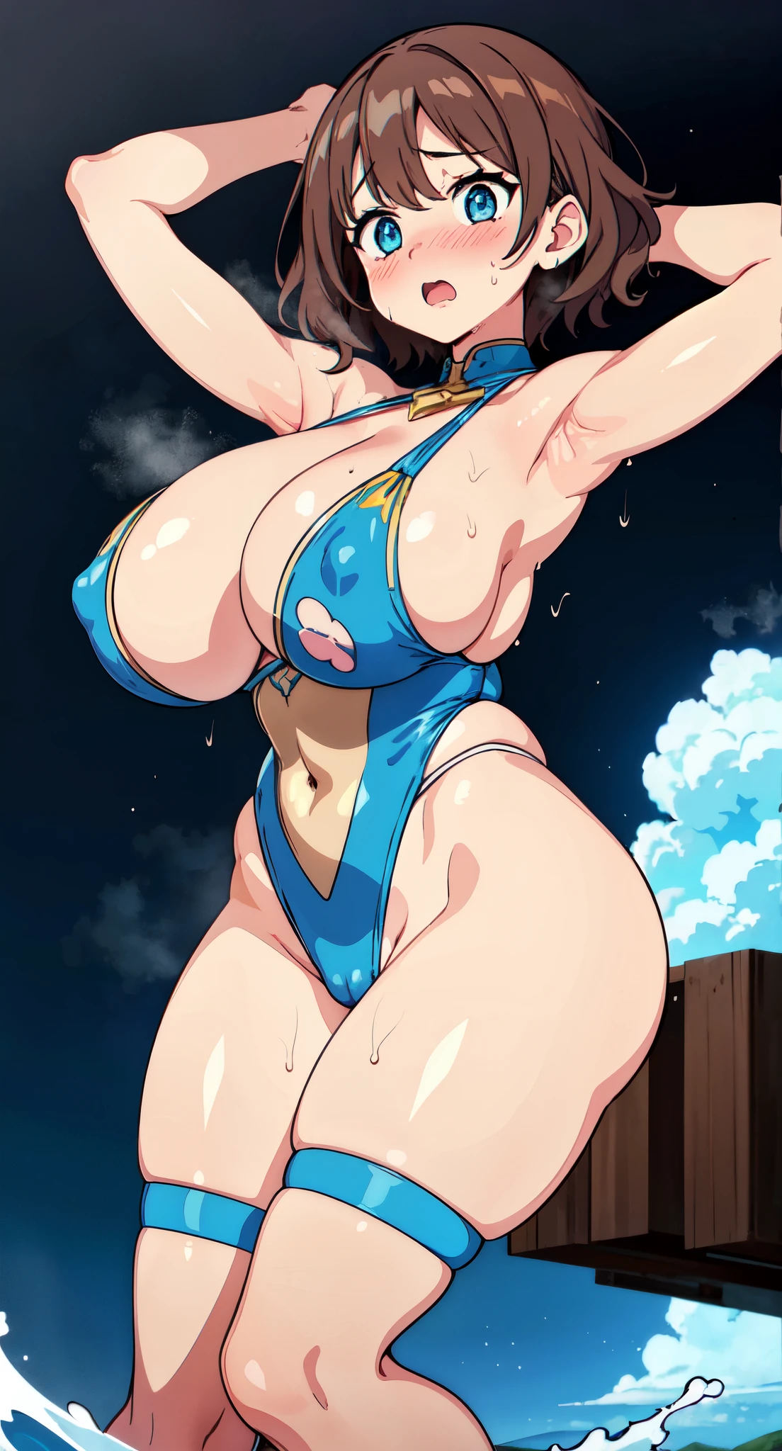 (Perfect body),Best Quality,(8K Portrait),(Official art)、((NSFW))、((adult woman))、(((Surprised)))、is crying、embarrassed from、1girl in,((((:o))))、(((Wavy mouth)))、(blush),(Sweat),(((huge-breasted)))、((thick thighs))、((big butts))、((Brown hair)),(Parted bangs)、((Short hair))、((Forehead))、(Blue and white leotard)、((ripped clothing))、 (Brown-eyed)、Cowboy Shot、Electronic space、Hands behind the head、Armpits