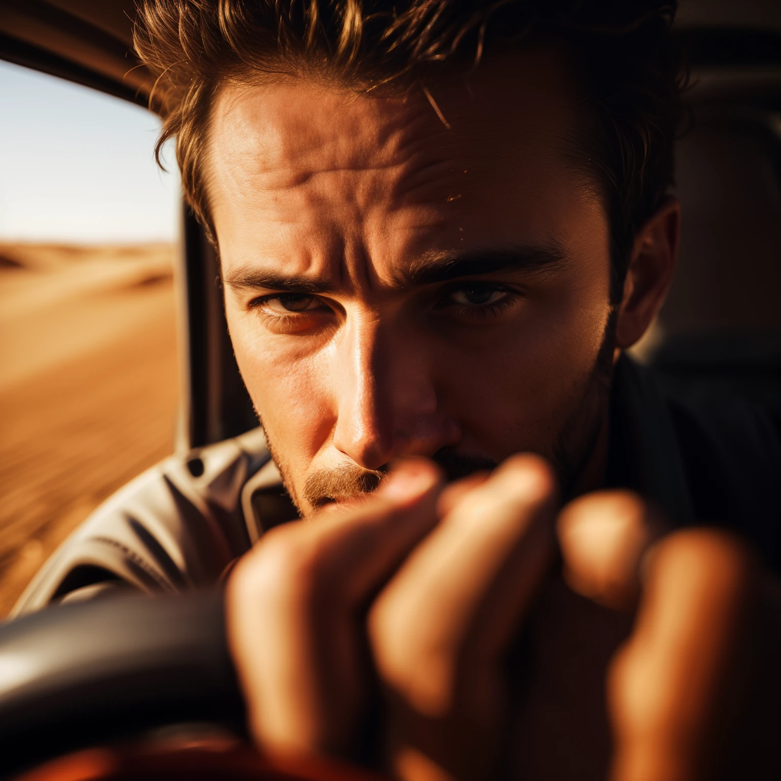 arafed man driving a car in the desert with a steering wheel, close - up portrait shot, portrait shot, sharply focused, cinematic portrait, close-up shoot, high quality portrait, close up portrait shot, portrait shot 8 k, photo portrait, by Matthias Weischer, detailed portrait shot, cinematic shot epic portraits, rugged face, by Etienne Delessert
