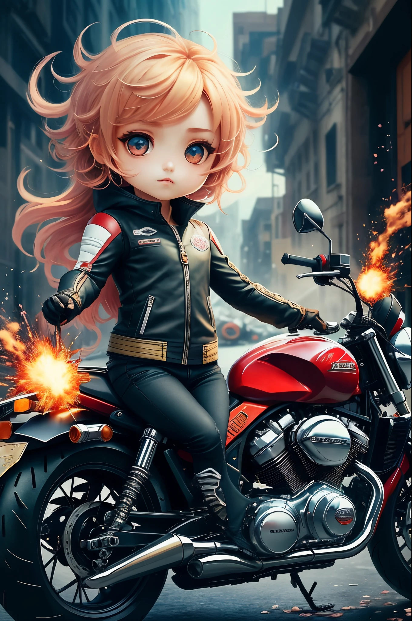 motorcycle,flower,character,Chibi,real,art, explosion,
yang08k, photography, beautiful,  colorful,realistic,
masterpieces, top quality, best quality, official art, beautiful and aesthetic,