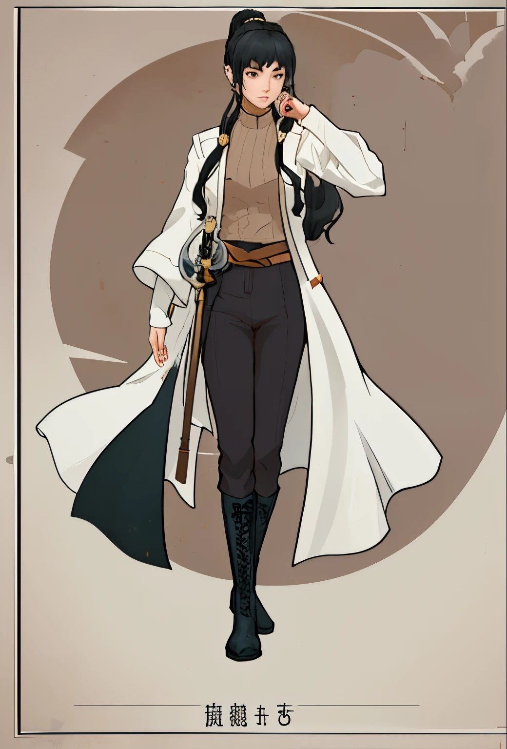 full body pose, long hair girl, ponytail, long coat, boots, rapier, detail clothing,