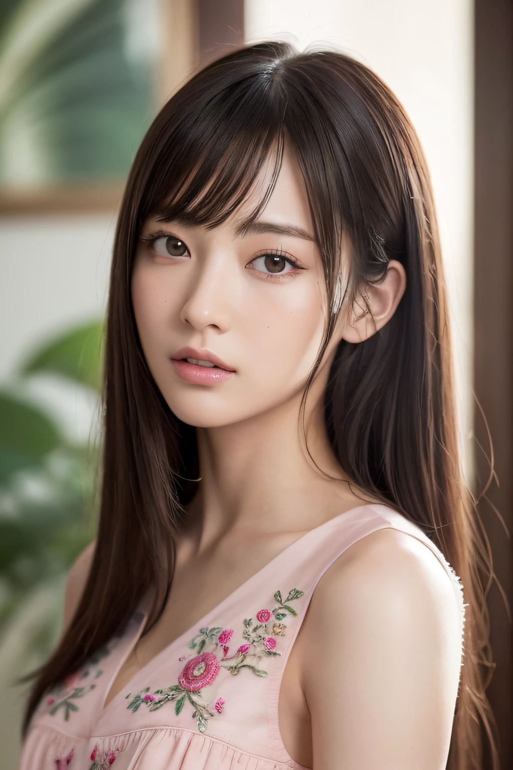 Focus on people。Create and express the best shining composition of the person in a realistic way。((masterpiece))、(((top-quality)))、((ultra-detailliert))、(A hyper-realistic)、(highly detailed CGillustration)、(extremely delicate and beautiful)、Girl a masterpiece、top-quality、Realistic skin feeling、Realistic fabric、We will introduce a realist illustration focusing on the center front of girls with realistic and ultra-detailed eyes.。This is the absolute rule, and the following sentence expresses the image quality。 The greatest painter in human history meets an unparalleled beauty、It is the greatest masterpiece in the history of the Inuiku Ichigo, which depicts the most beautiful figure of a lifetime.。 Create stunning anime artwork that is currently trending on seaStation、Introducing exquisite beauty and seductive aesthetics。Pink pessant dress with detailed floral embroidery、NOWAI