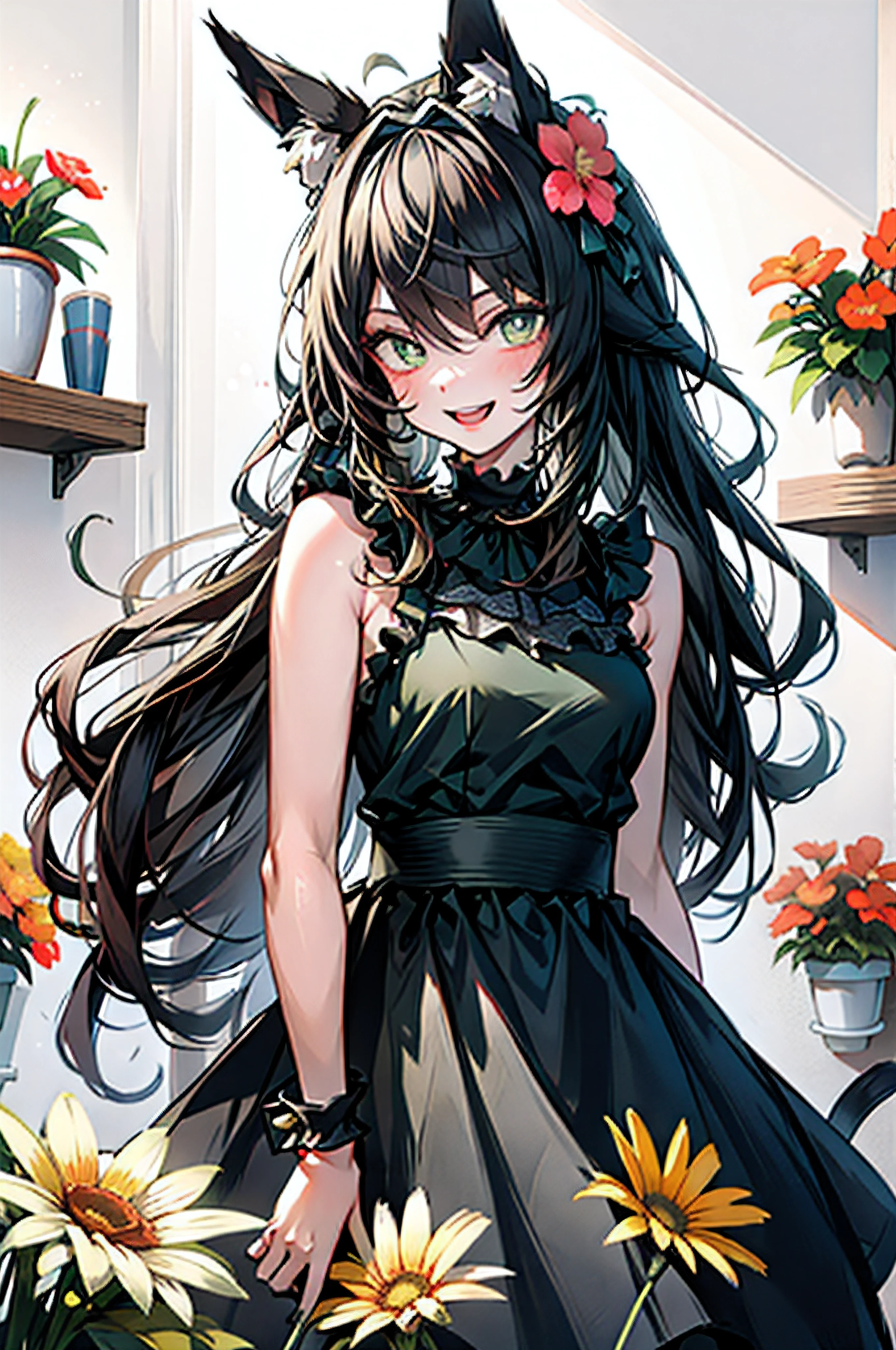 1girl, :d, animal ear fluff, animal ears, bangs, black hairband, blonde hair, blurry, blurry background, depth of field, dress, flower, flower pot, frilled dress, frills, green dress, green eyes, hairband, holding, long hair, open mouth, pink flower, plant, potted plant, sketch, sleeveless, sleeveless dress, smile, solo, tail, wrist cuffs, yellow flower, 1980s (style)