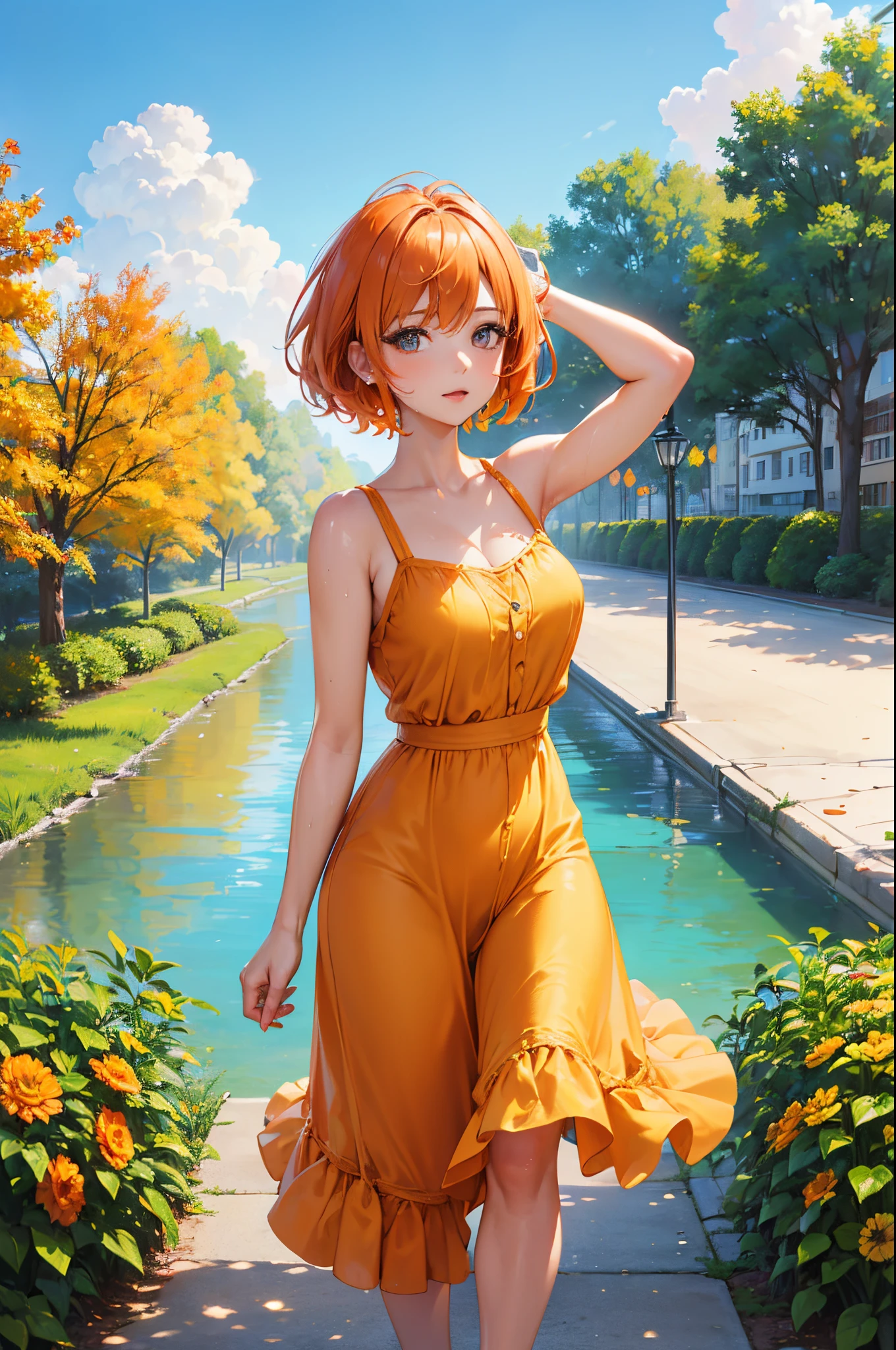 (a woman, park, sunny day, orange sundress, RAW, UHD, 8K, full body portrait:1.1, head, highly detailed face, stunning eyes, orange short hair, back towards camera, wet clothes, vibrant colors, warm sunlight)