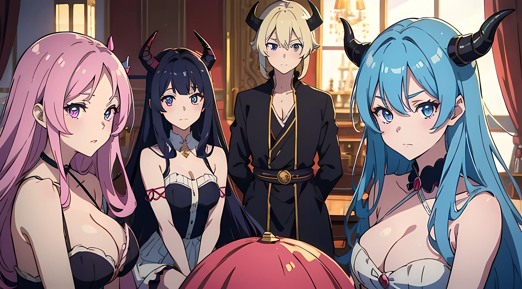 3 demon girls, girls with different hair colors and horns, girls in dresses, young and beautiful, royal sister, young anime people, anime moe art style, watching audience, close-up, seductive expressions, rich colors, in luxurious villas, lying on the bed, vibrant appearance, playful accessories, creative behavior, imaginative, sensual, spontaneous, delicate facial features, clear facial expressions, detailed digital animation art, digital animation art, high-quality anime art style,